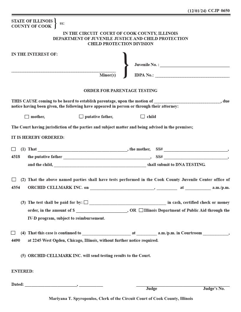 Order For Parentage Testing {CCJP 0650} | Pdf Fpdf Docx | Illinois