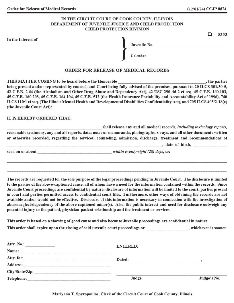Order For Release Of Medical Records {CCJP 0674} | Pdf Fpdf Docx | Illinois