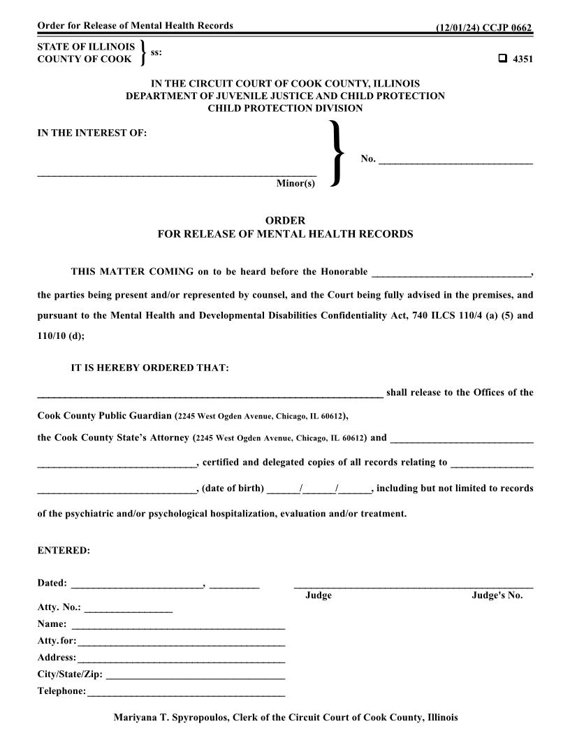 Order For Release Of Mental Health Records {CCJP 0662} | Pdf Fpdf Docx | Illinois