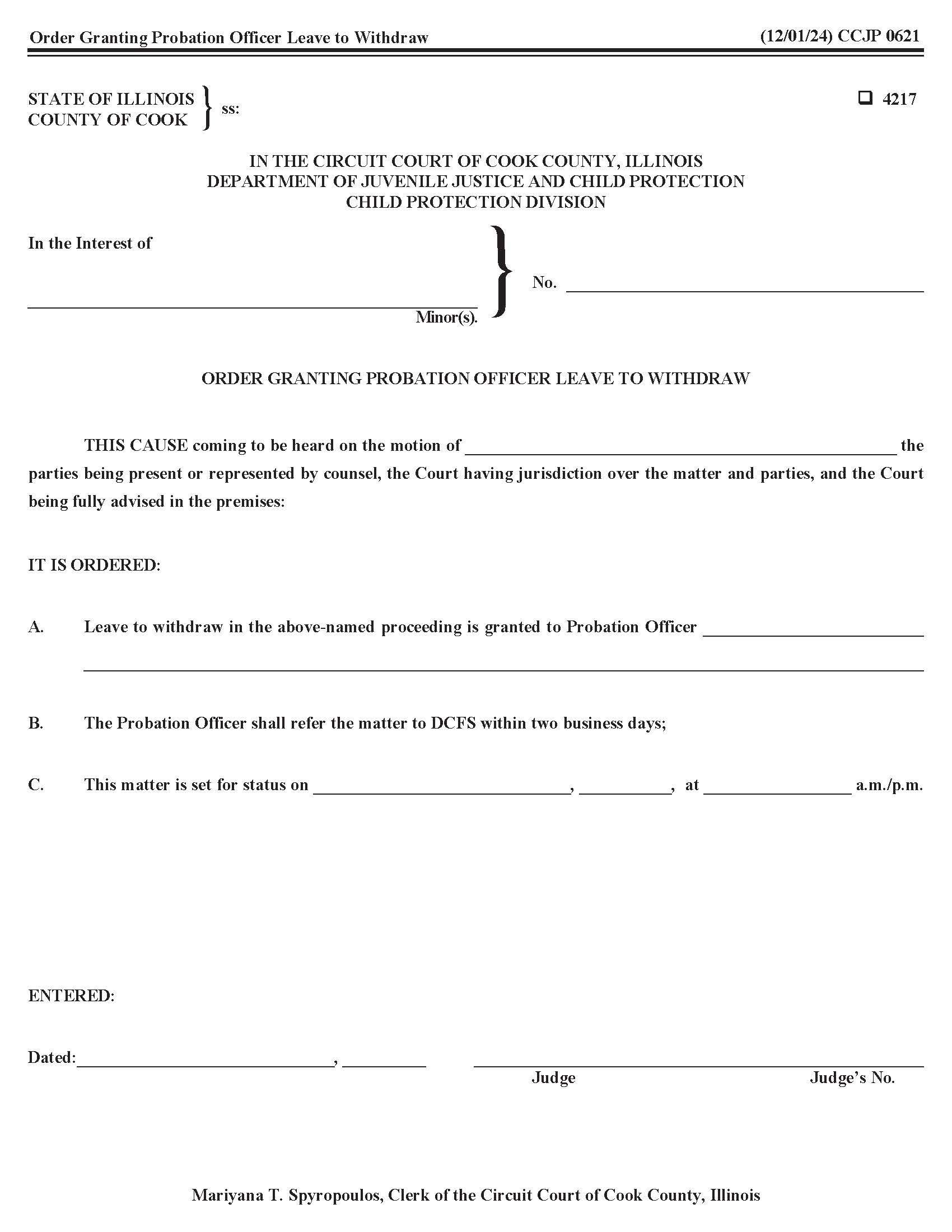 Order Granting Probation Officer Leave To Withdraw {CCJP 0621} | Pdf Fpdf Doc Docx | Illinois