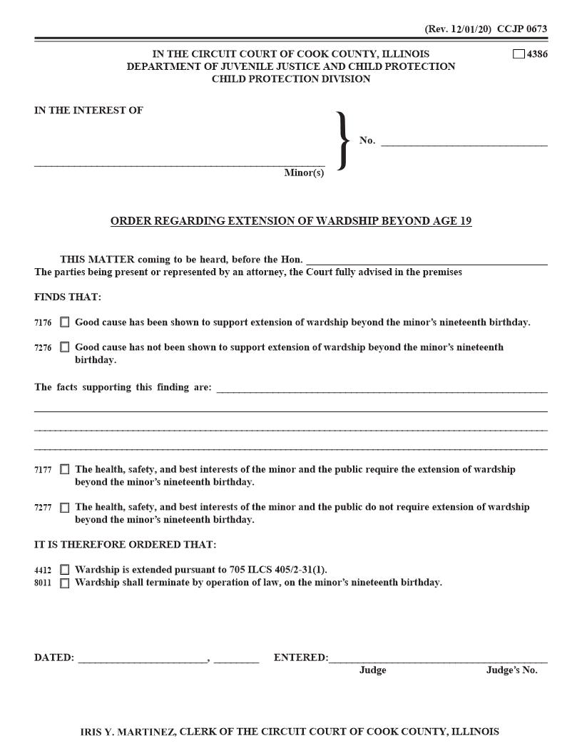 Order Regarding Extension Of Wardship Beyond Age 19 {CCJP 0673} | Pdf Fpdf Docx | Illinois