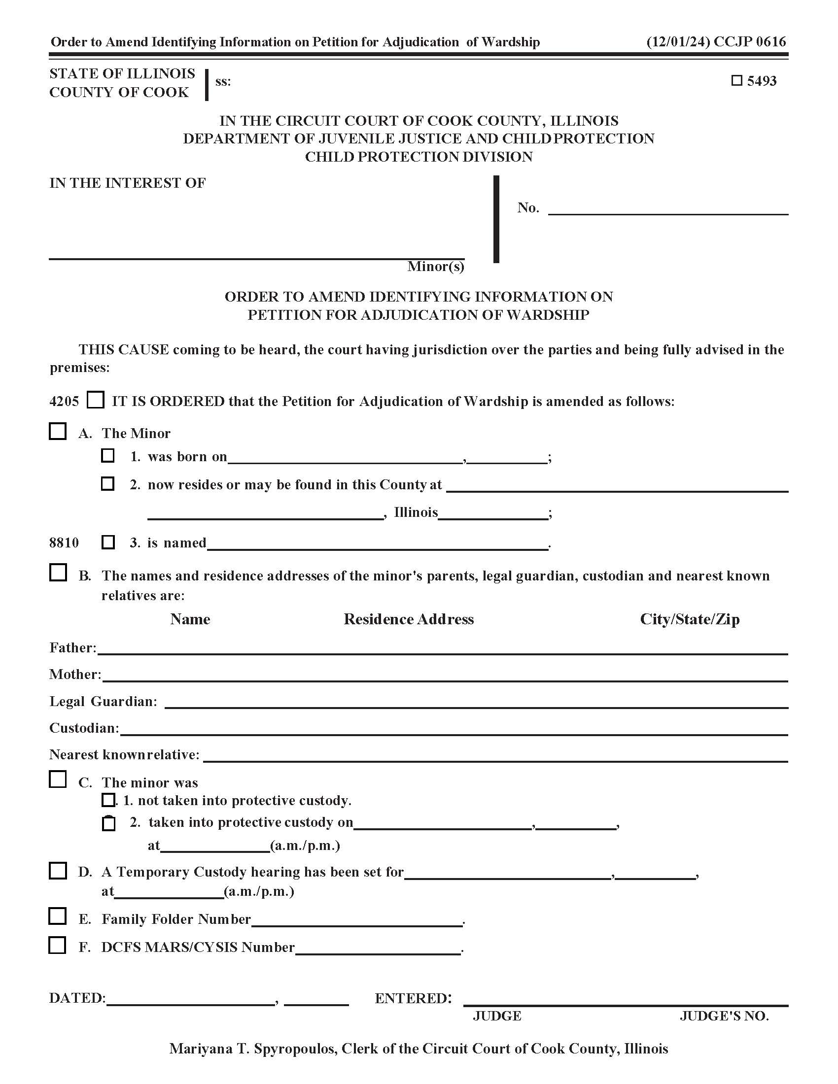 Order To Amend Identifying Information Petition For Adjudication Of Wardship {CCJP 0616} | Pdf Fpdf Docx | Illinois