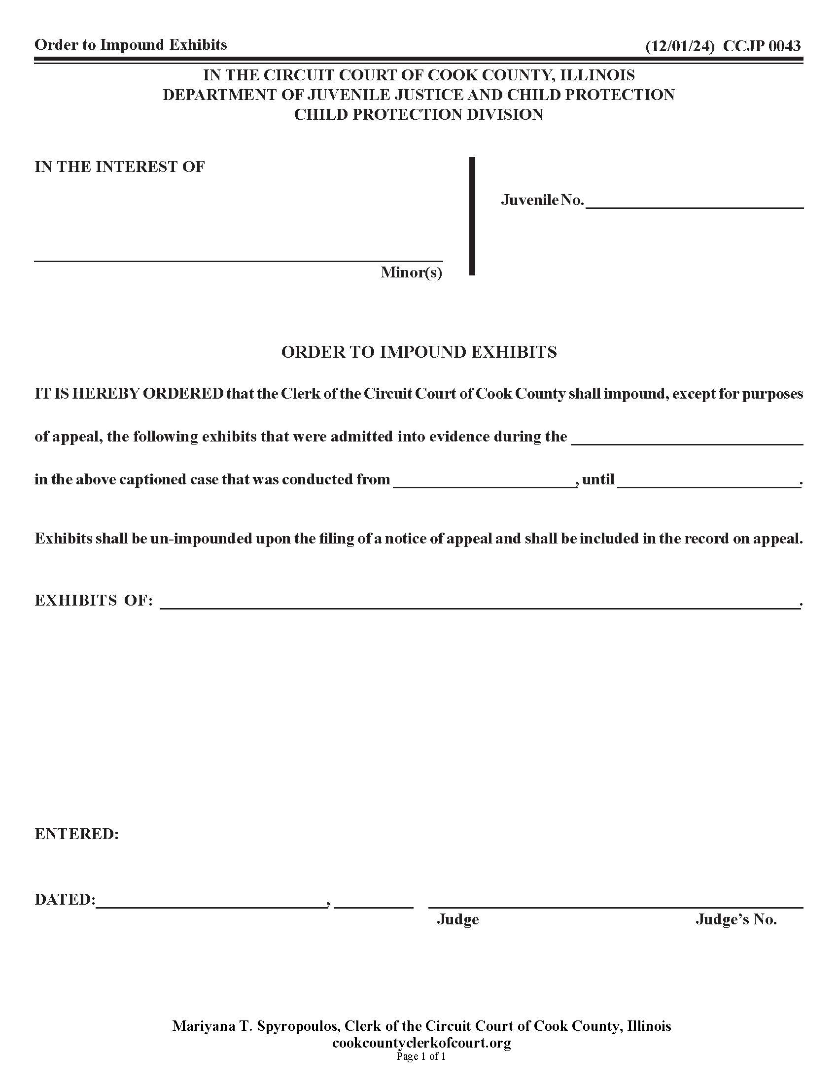 Order To Impound Exhibits {CCJP 0043} | Pdf Fpdf Doc Docx | Illinois