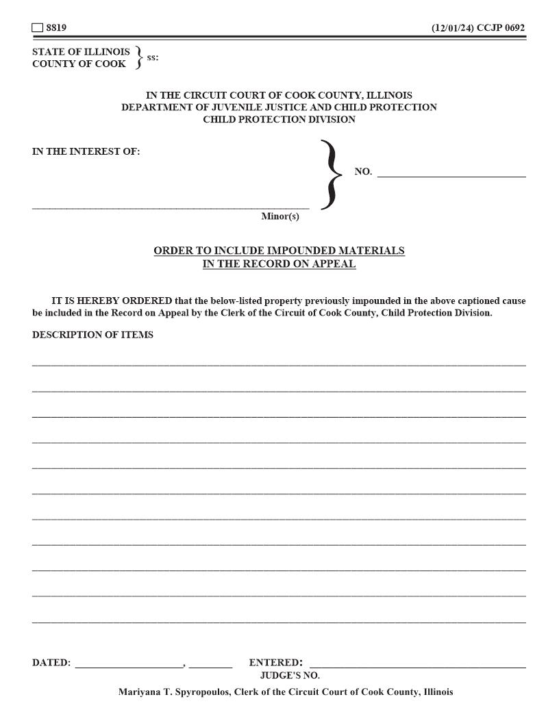 Order To Include Impounded Materials In The Record On Appeal {CCJP 0692} | Pdf Fpdf Docx | Illinois