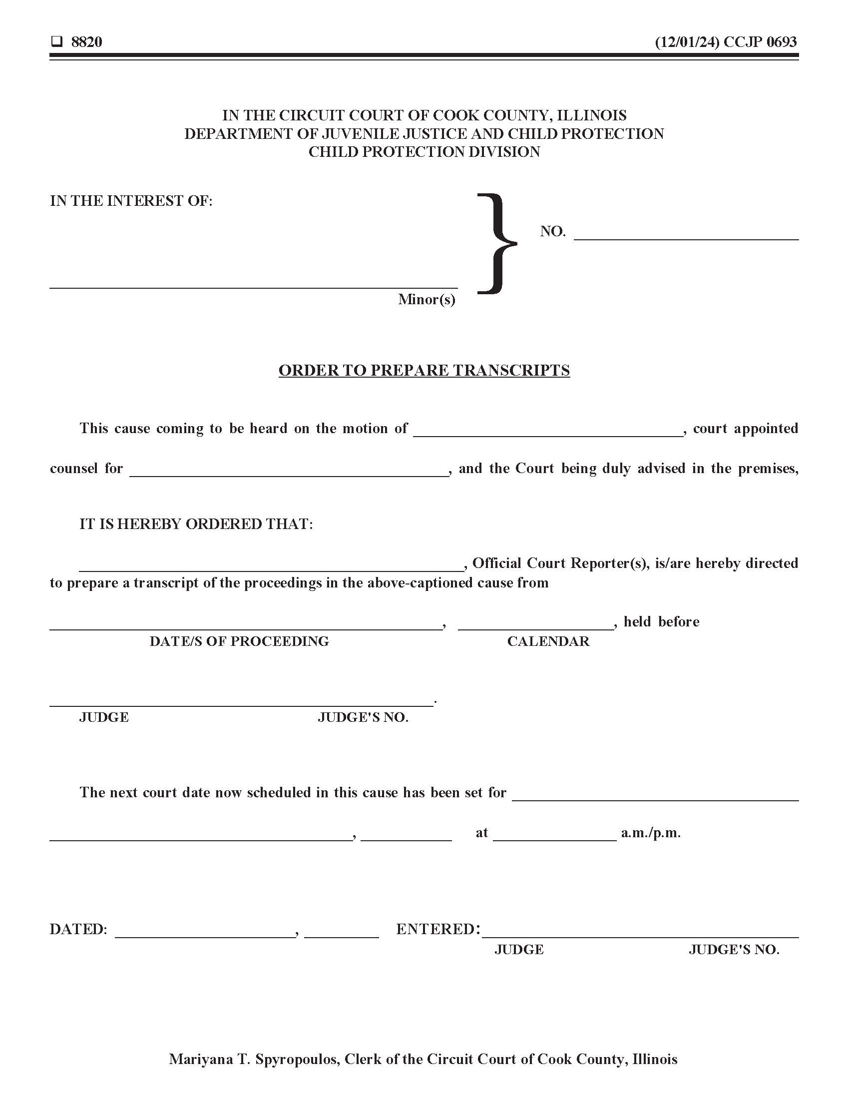 Order To Prepare Transcripts {CCJP 0693} | Pdf Fpdf Docx | Illinois