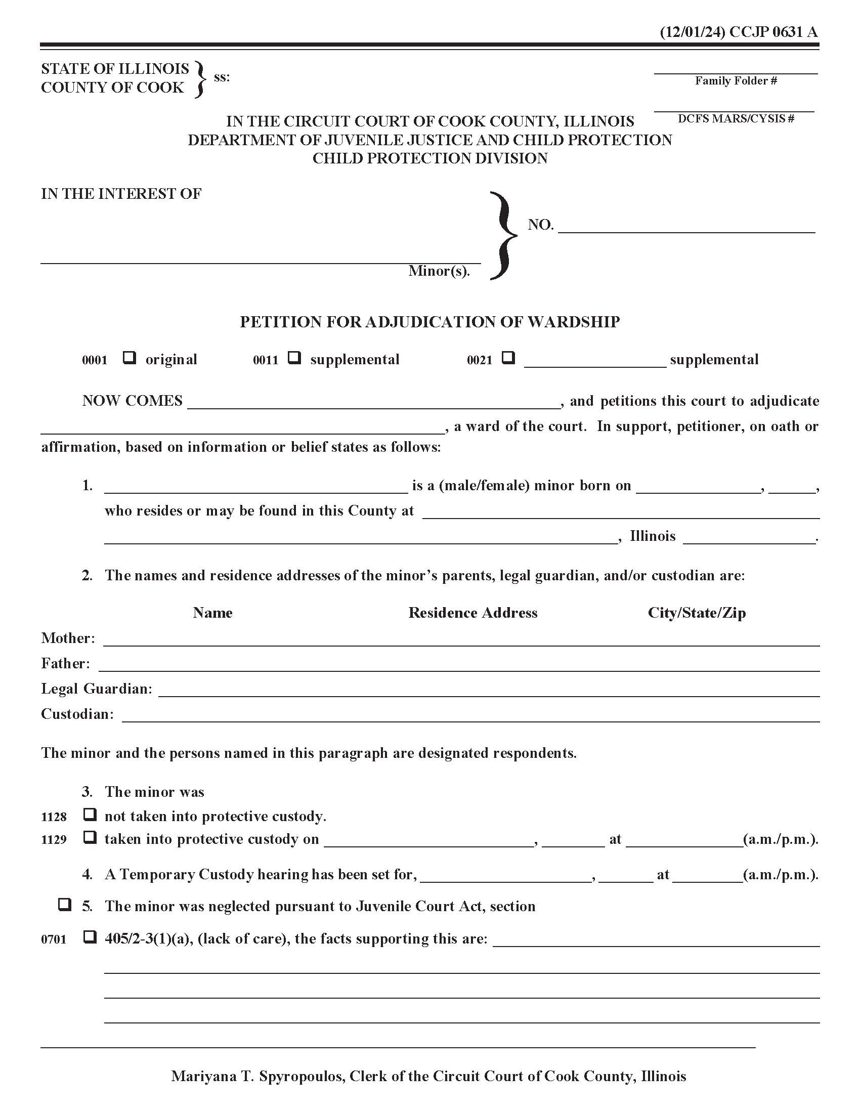Petition For Adjudication Of Wardship {CCJP 0631} | Pdf Fpdf Docx | Illinois