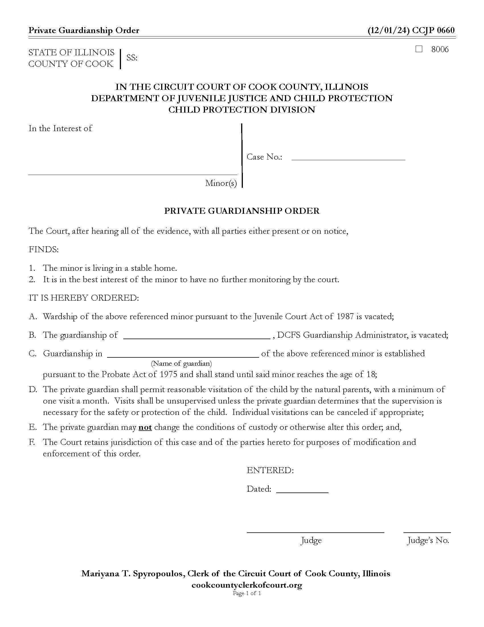 Private Guardianship Order {CCJP 0660} | Pdf Fpdf Docx | Illinois