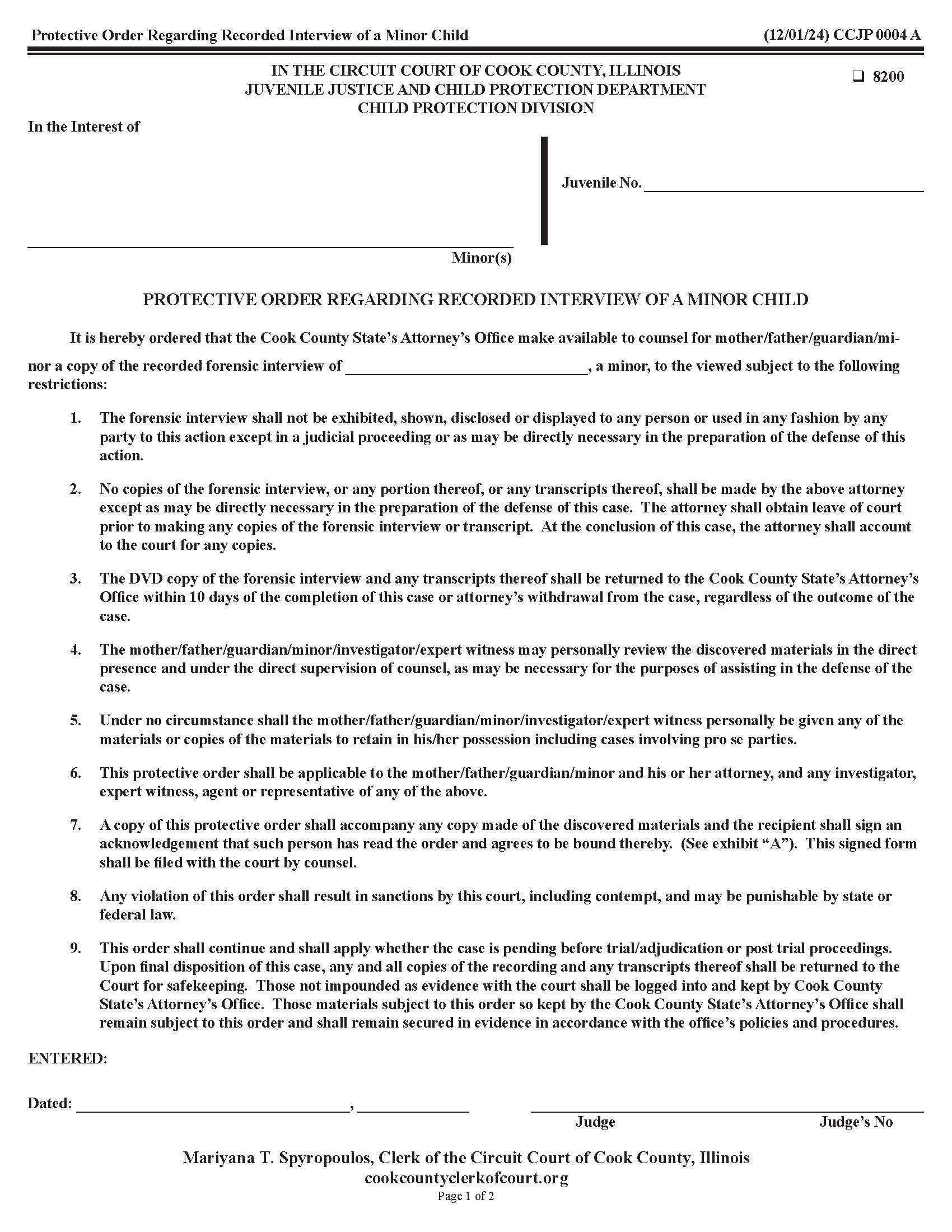 Protective Order Regarding Recorded Interview Of Minor Child Acknowledgment Of Receipt {CCJP 0004} | Pdf Fpdf Doc Docx | Illinois