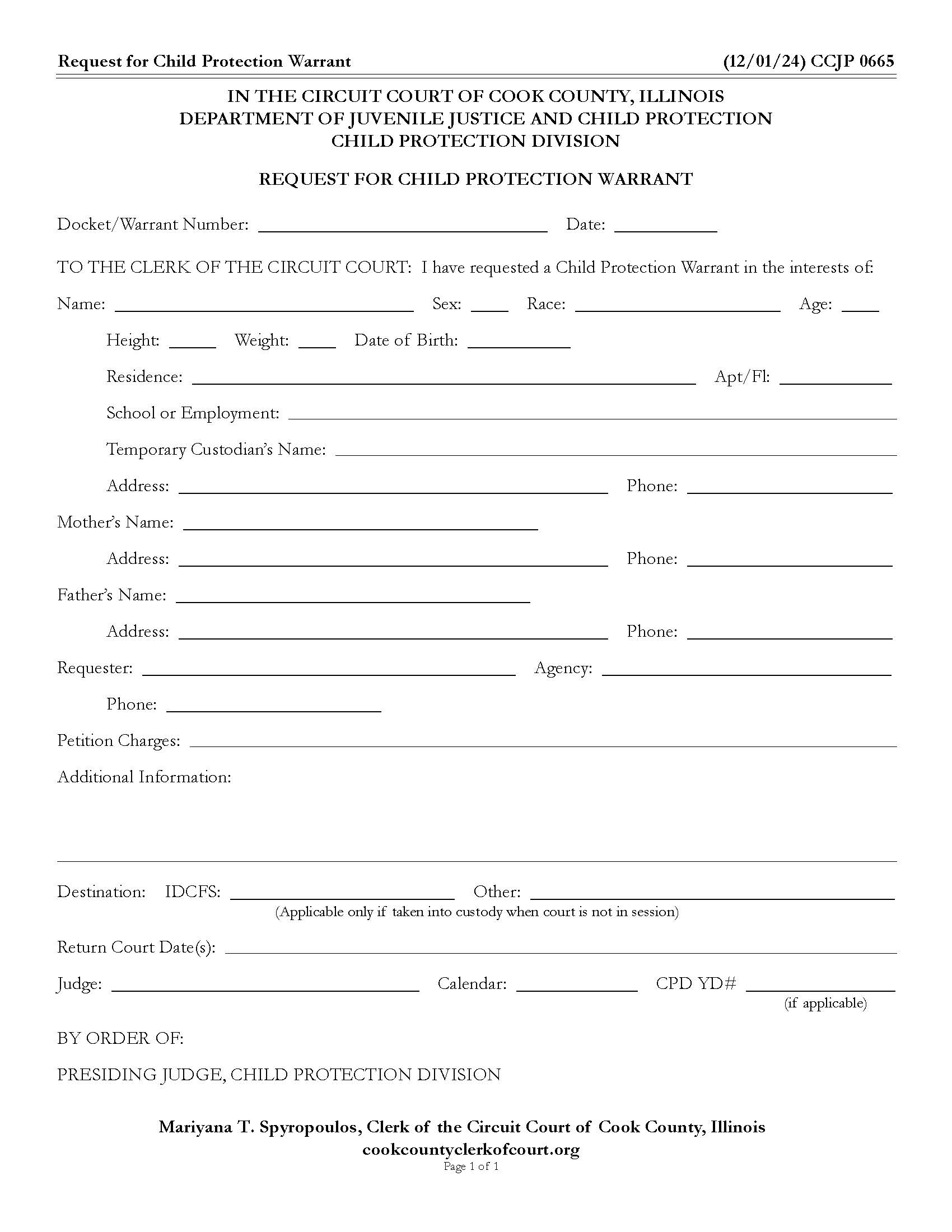 Request For Child Protection Warrant {CCJP 0665} | Pdf Fpdf Docx | Illinois