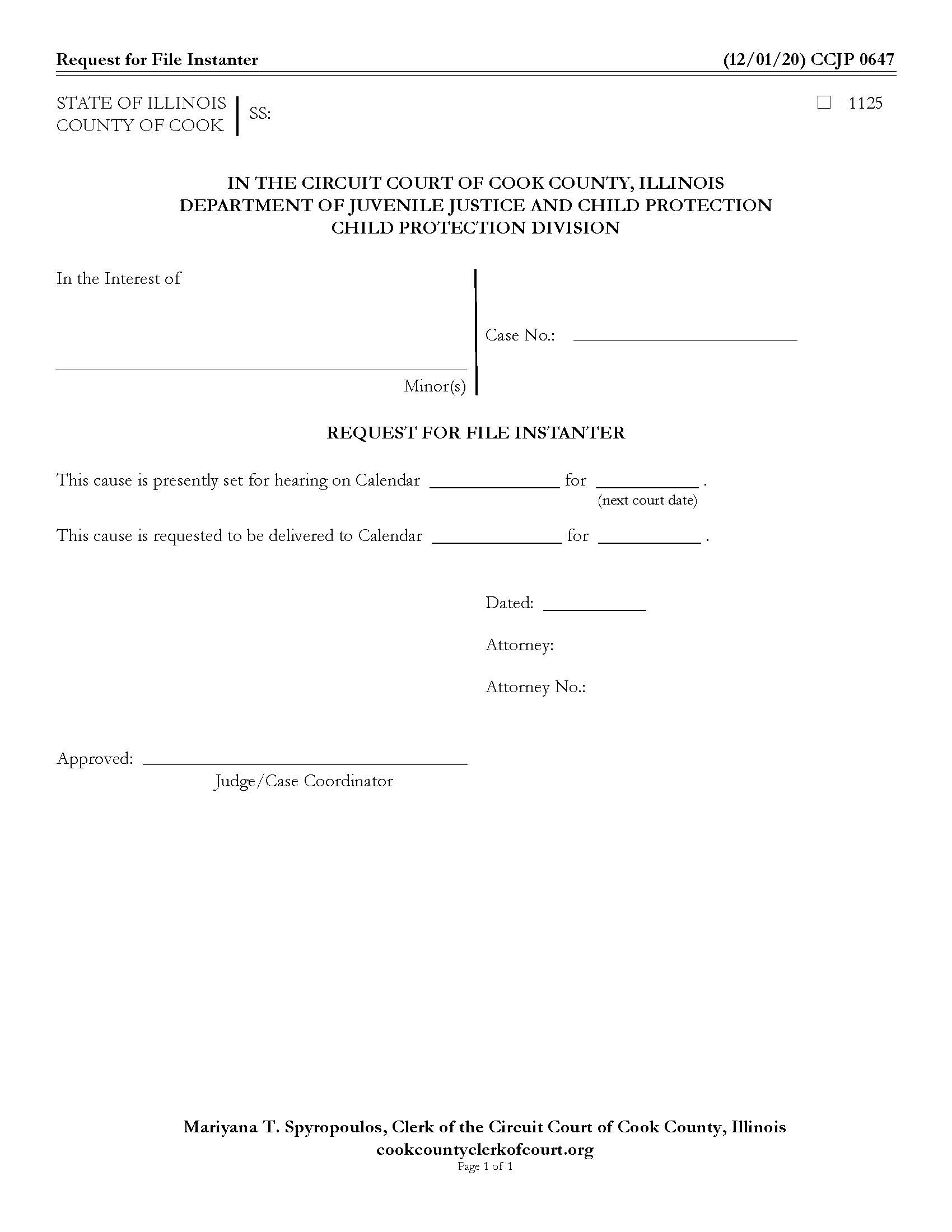 Request For File Instanter {CCJP 0647} | Pdf Fpdf Docx | Illinois