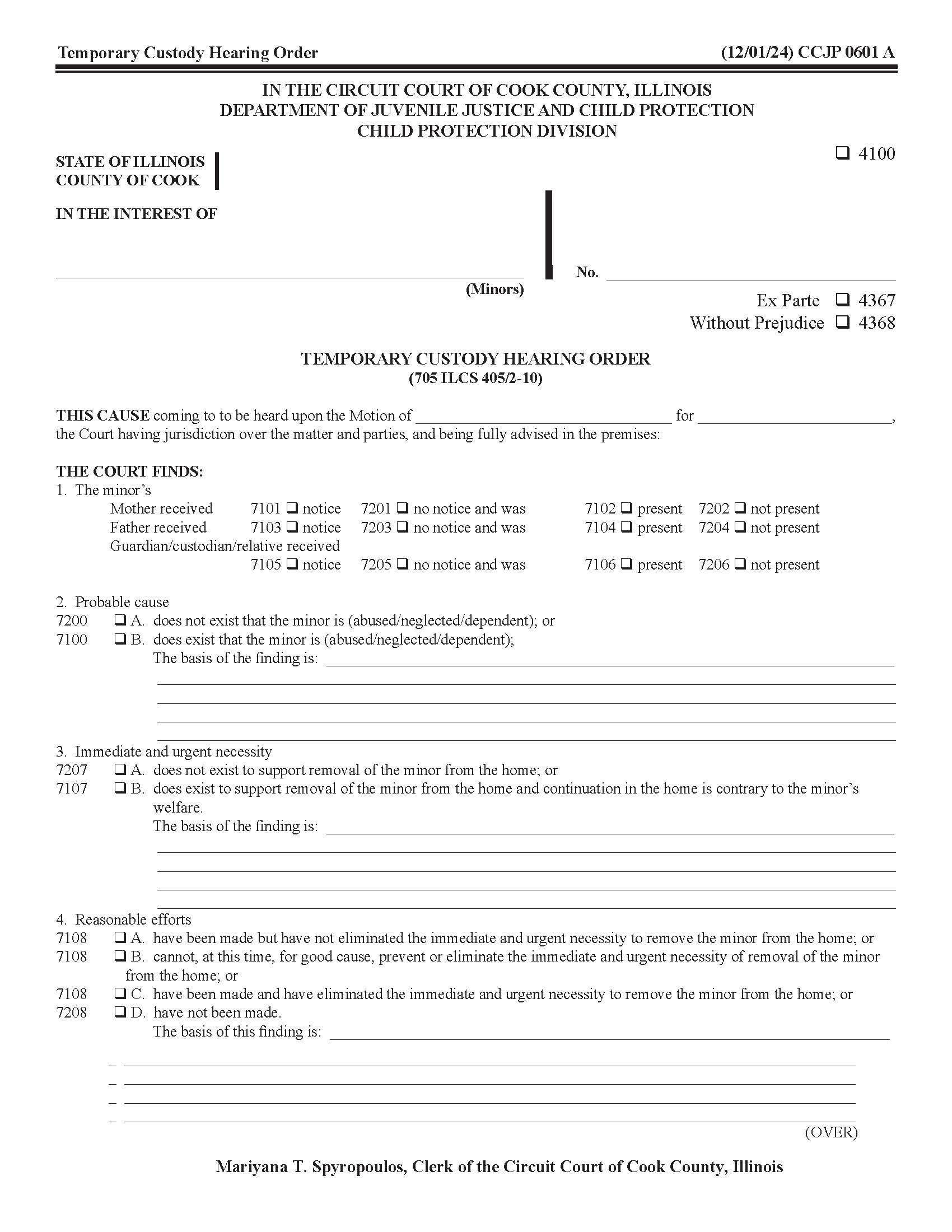 Temporary Custody Hearing Order {CCJP 0601} | Pdf Fpdf Doc Docx | Illinois