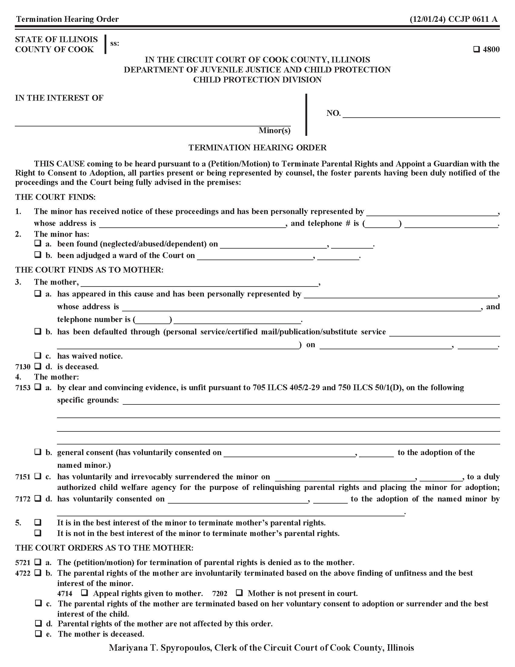 Termination Hearing Order {CCJP 0611} | Pdf Fpdf Docx | Illinois