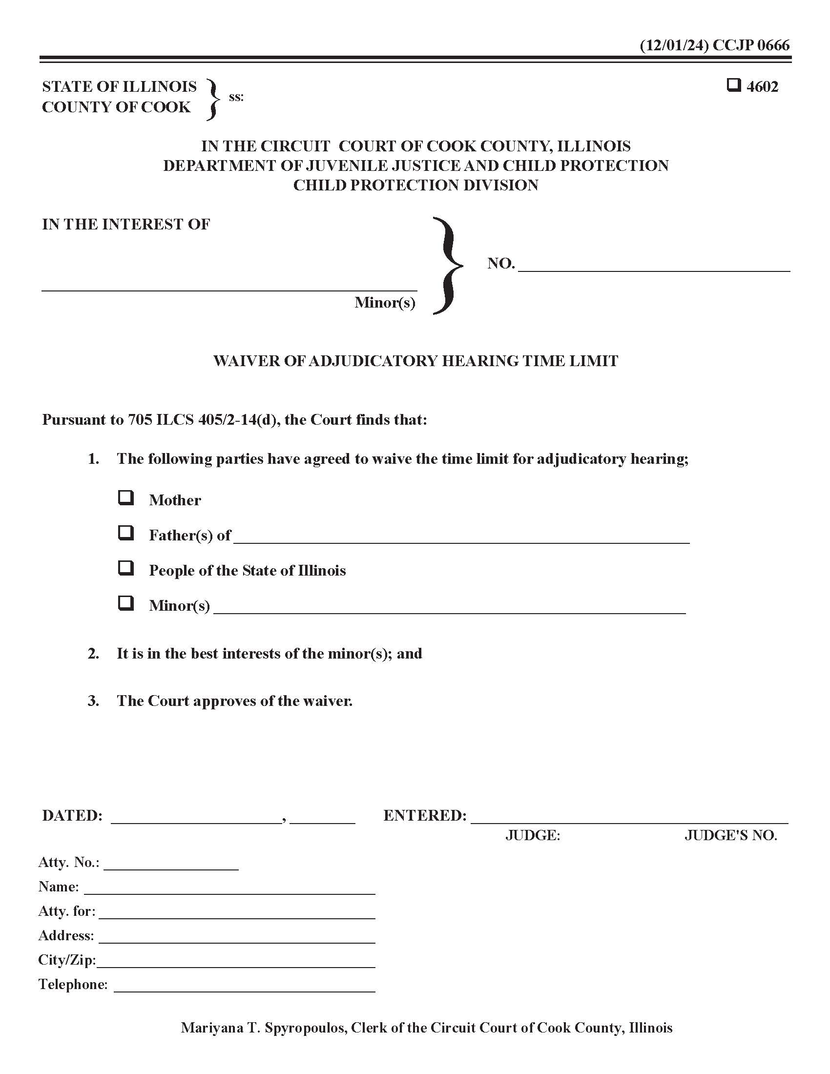 Waiver Of Adjudicatory Hearing Time LImit {CCJP 0666} | Pdf Fpdf Docx | Illinois