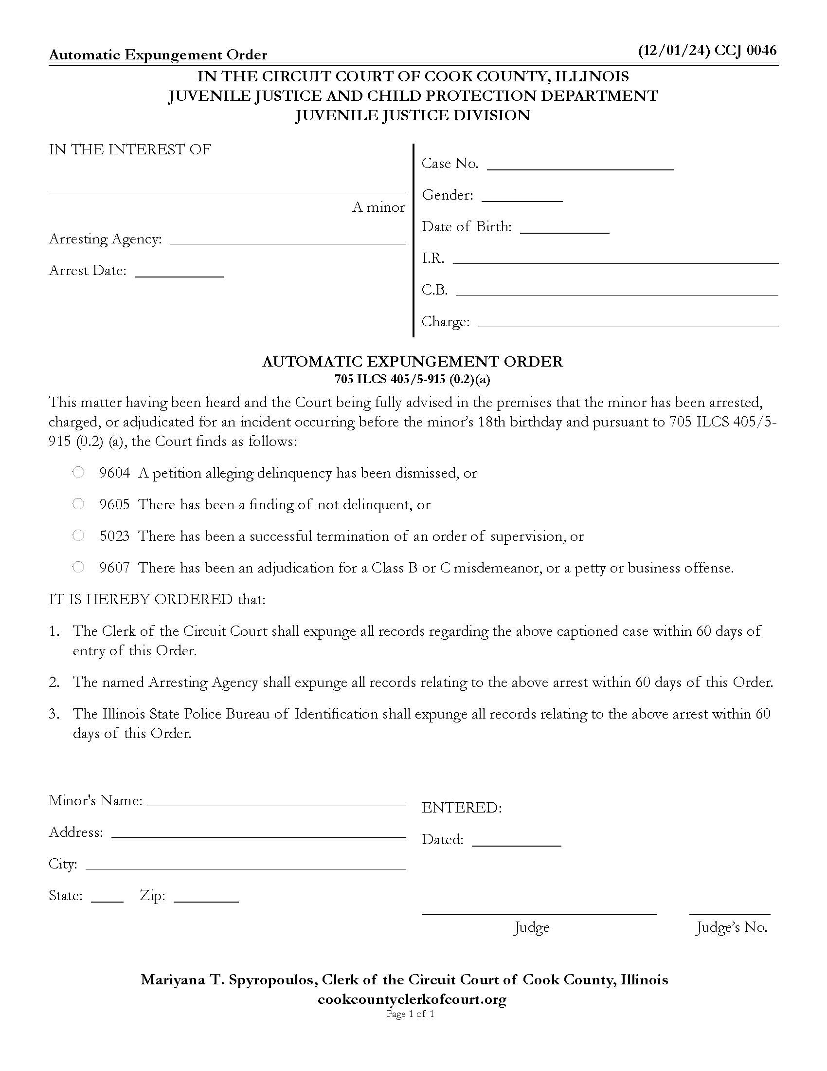Automatic Expungement Order {CCJ 0046} | Pdf Fpdf Docx | Illinois