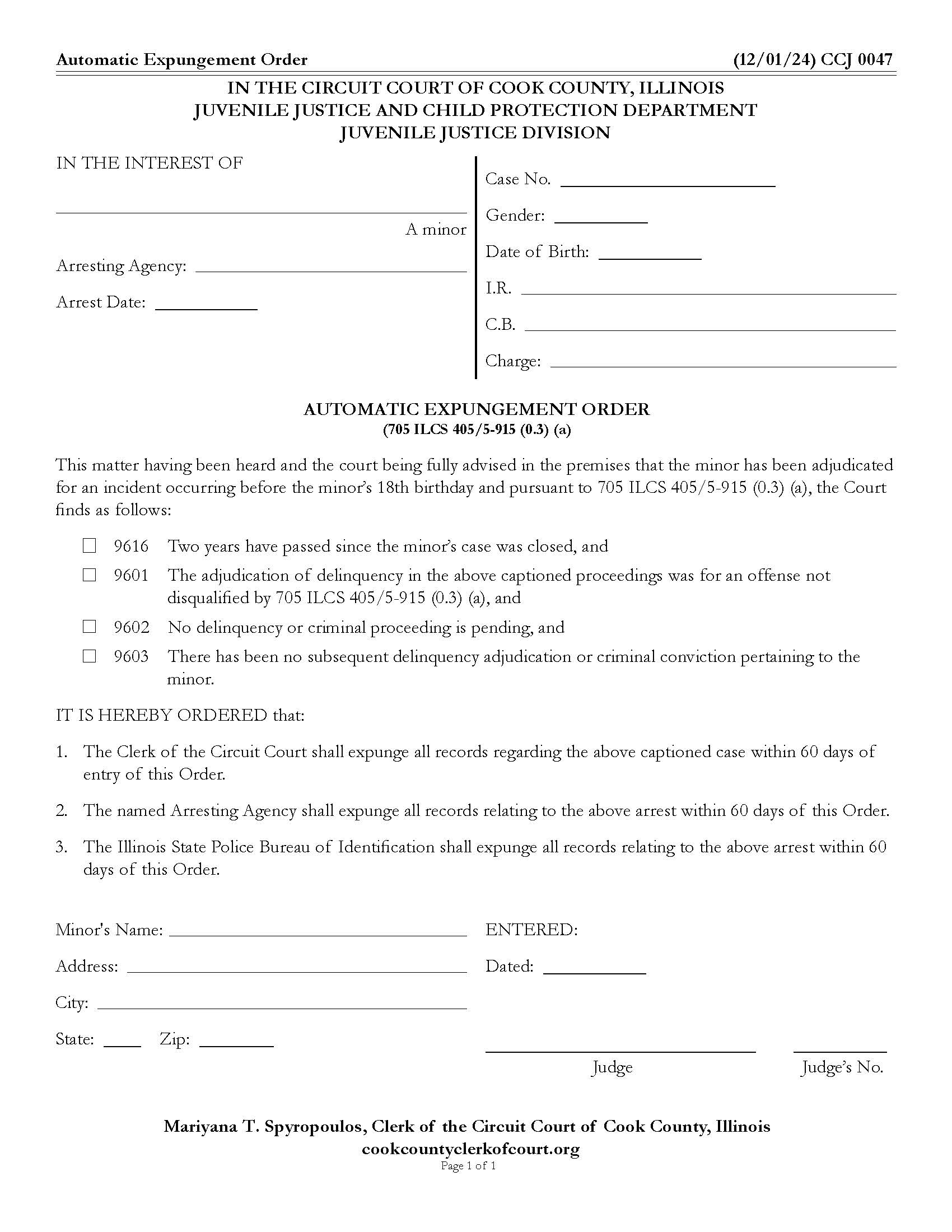 Automatic Expungement Order {CCJ 0047} | Pdf Fpdf Docx | Illinois