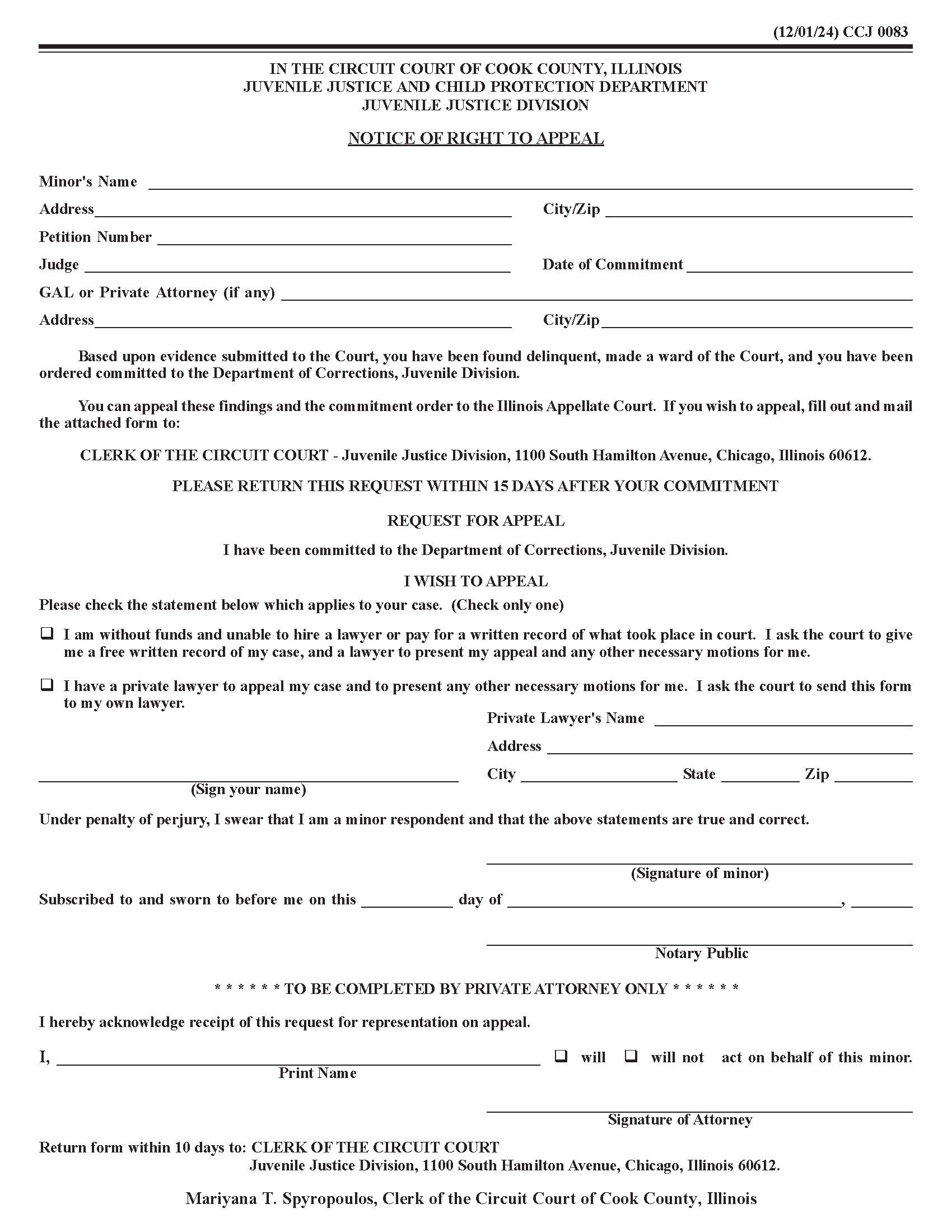 Notice Of Right To Appeal {CCJ 0083} | Pdf Fpdf Docx | Illinois