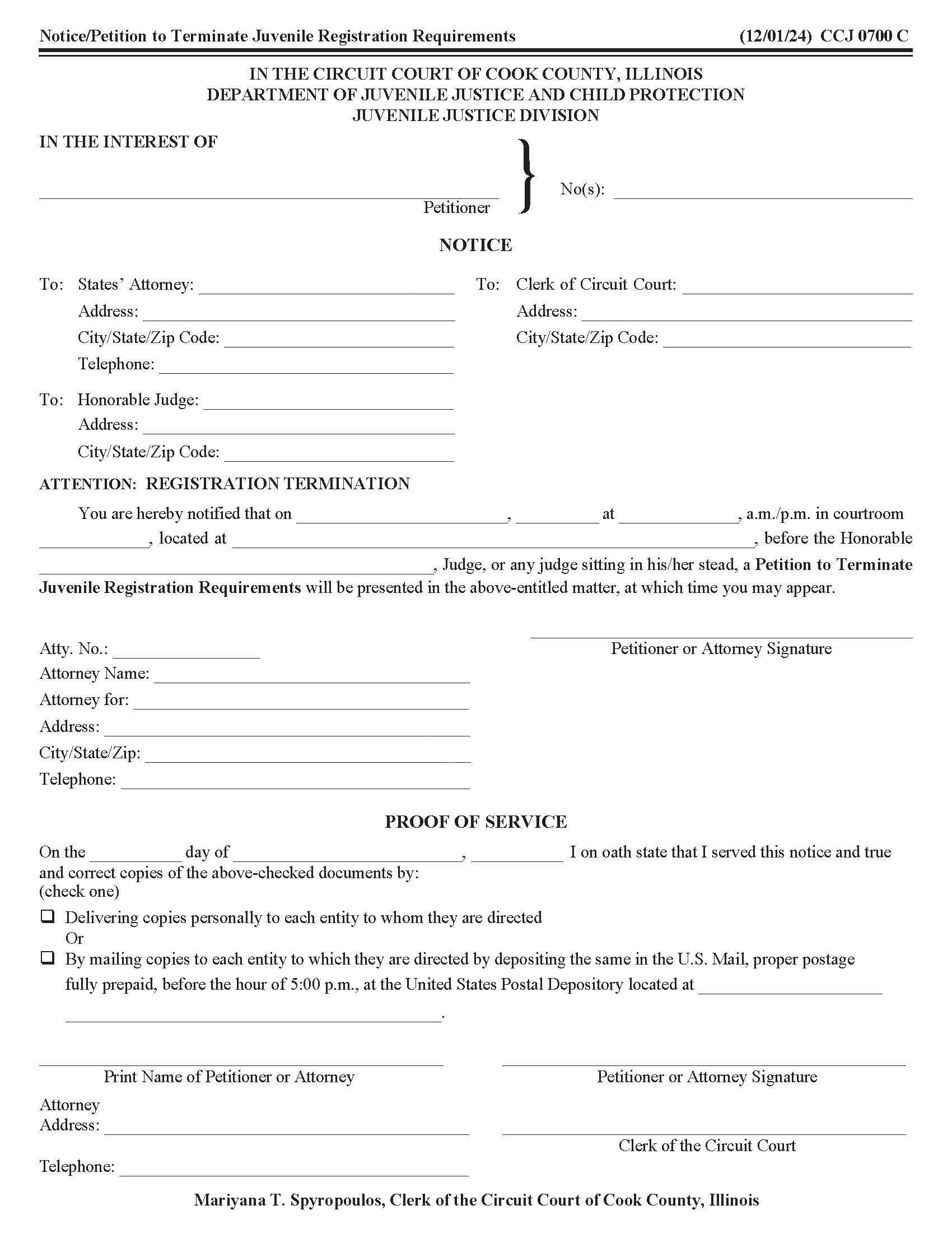 Notice Petition Order To Terminate Juvenile Registration Requirements - Sex Offender {CCJ 0700} | Pdf Fpdf Docx | Illinois