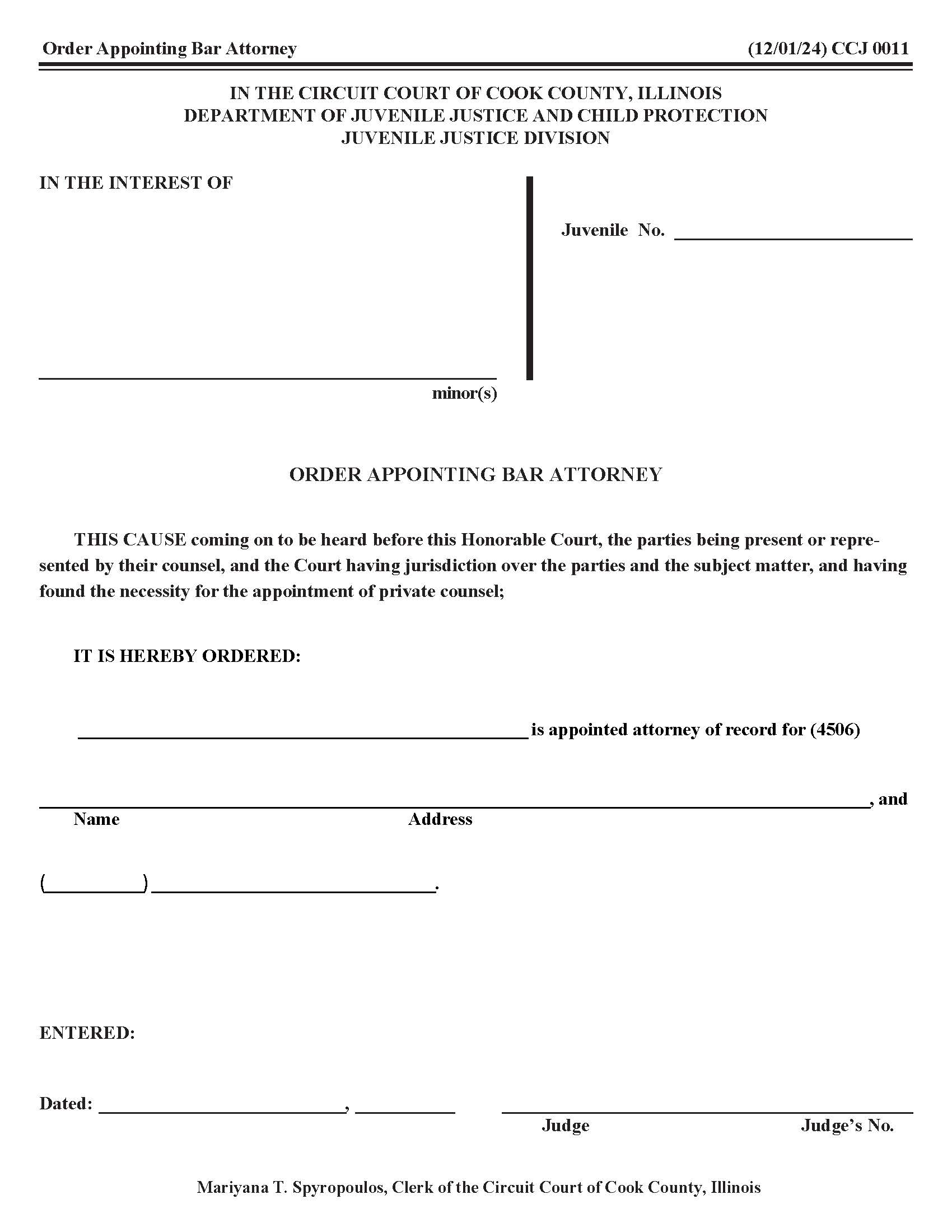 Order Appointing Bar Attorney {CCJ 0011} | Pdf Fpdf Docx | Illinois