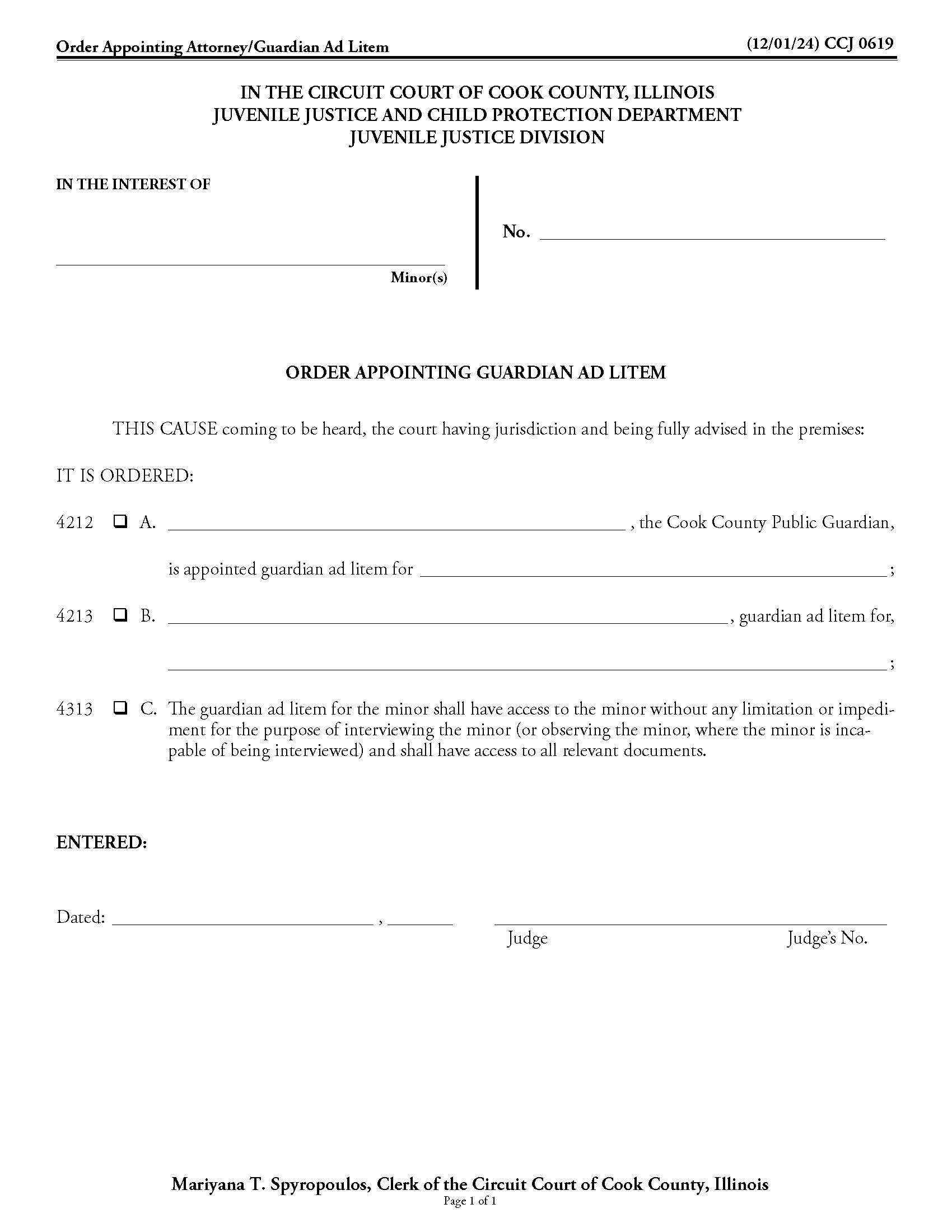 Order Appointing Guardian Ad Litem {CCJ 0619} | Pdf Fpdf Docx | Illinois