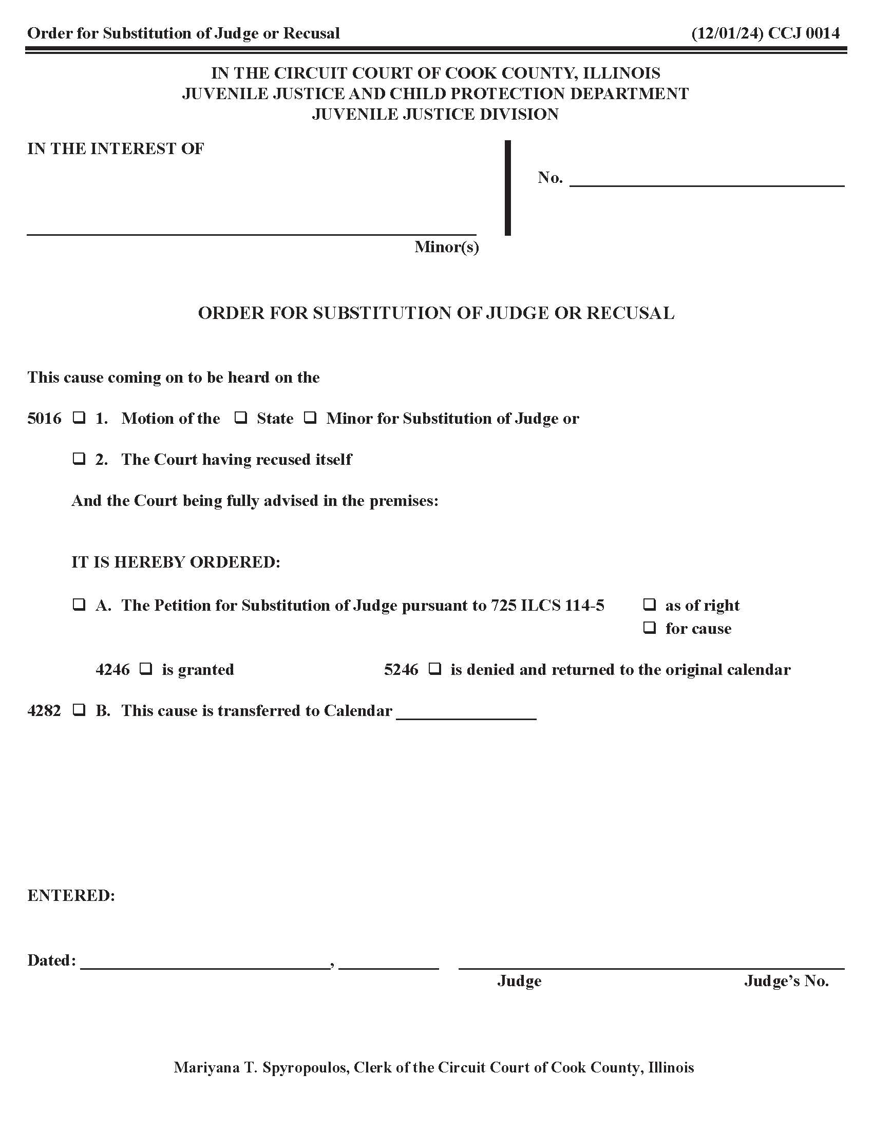 Order For Substitution Of Judge Or Recusal {CCJ 0014} | Pdf Fpdf Doc Docx | Illinois