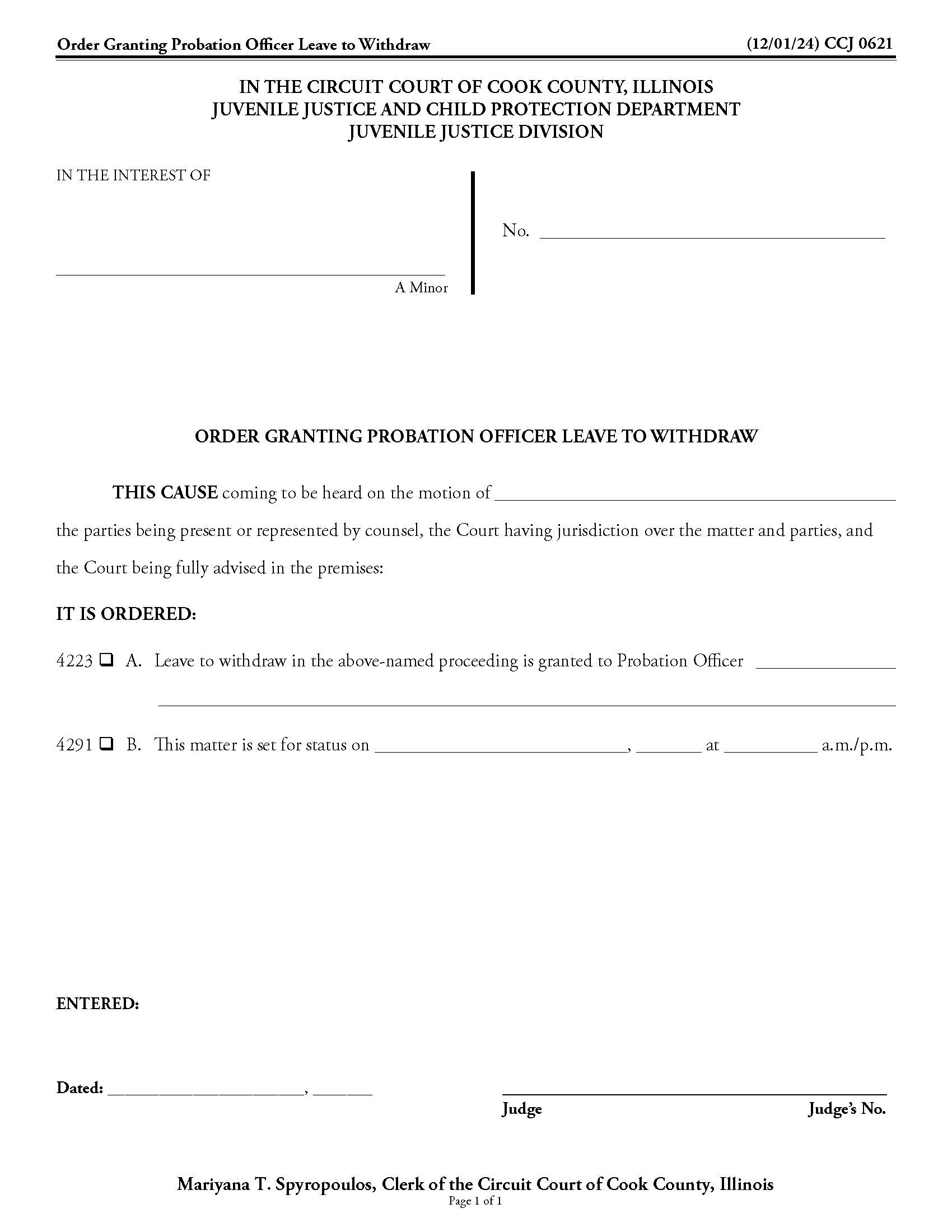 Order Granting Probation Officer Leave To Withdraw {CCJ 0621} | Pdf Fpdf Docx | Illinois