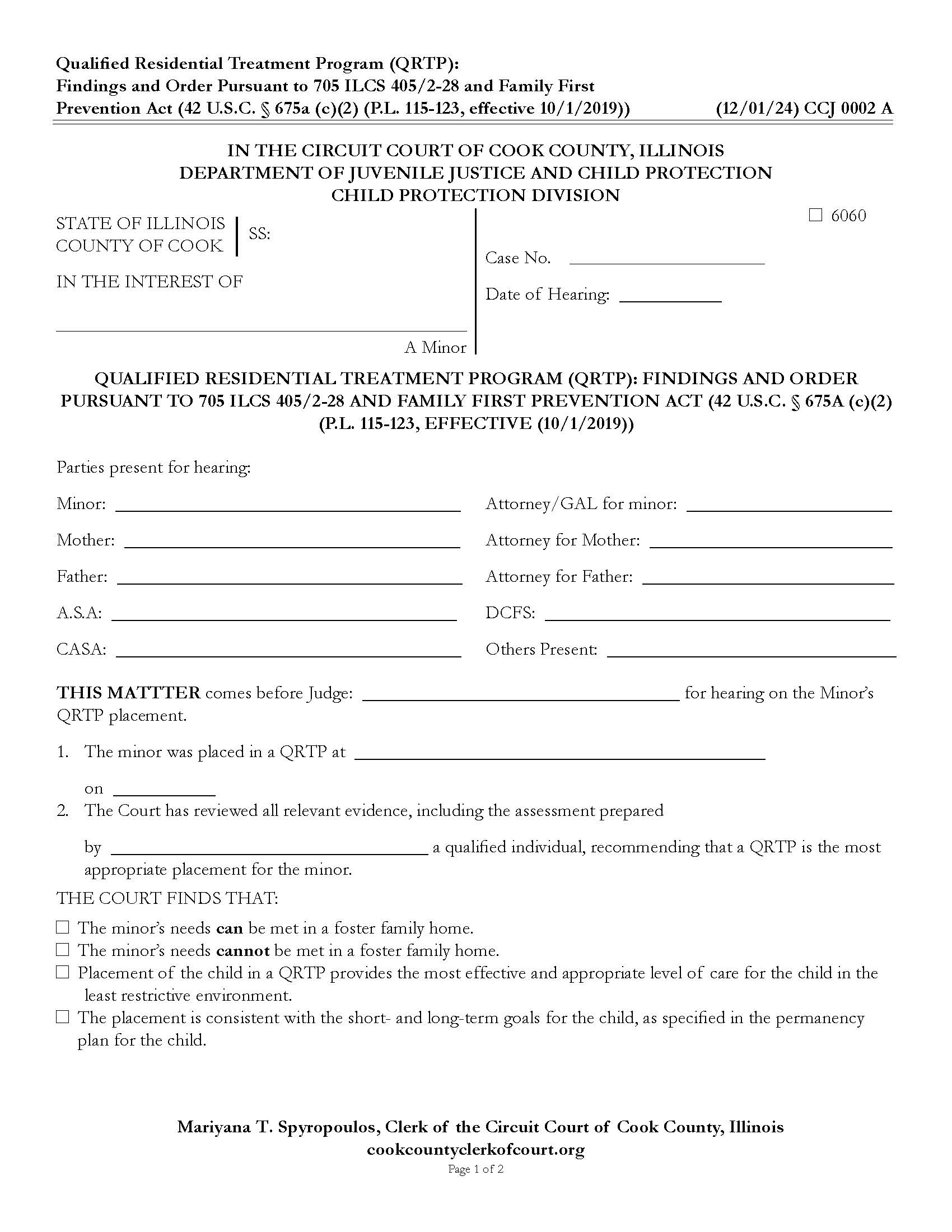Qualified Residential Treatment Programs Findings And Order {CCJ 0002} | Pdf Fpdf Docx | Illinois