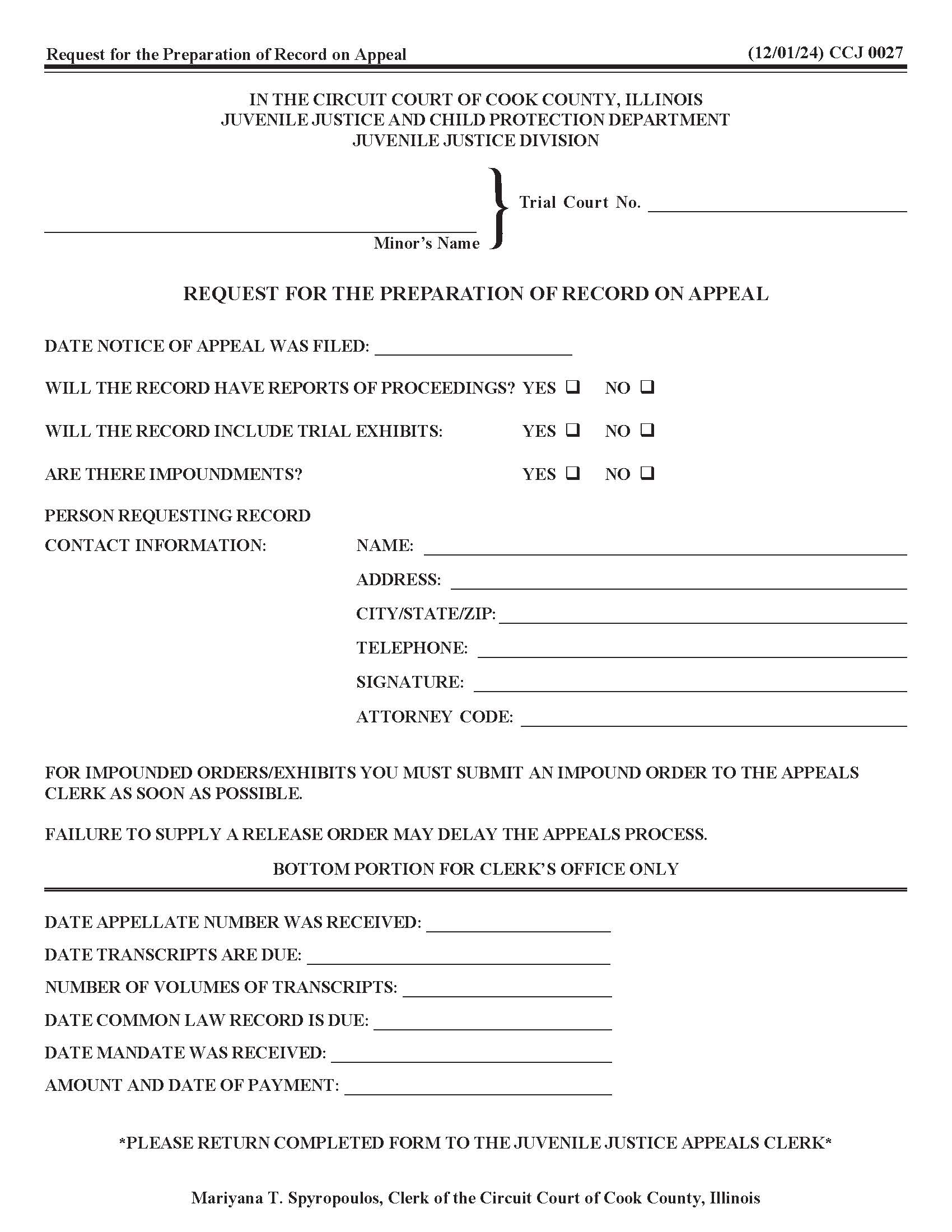 Request For Record On Appeal {CCJ 0027} | Pdf Fpdf Docx | Illinois