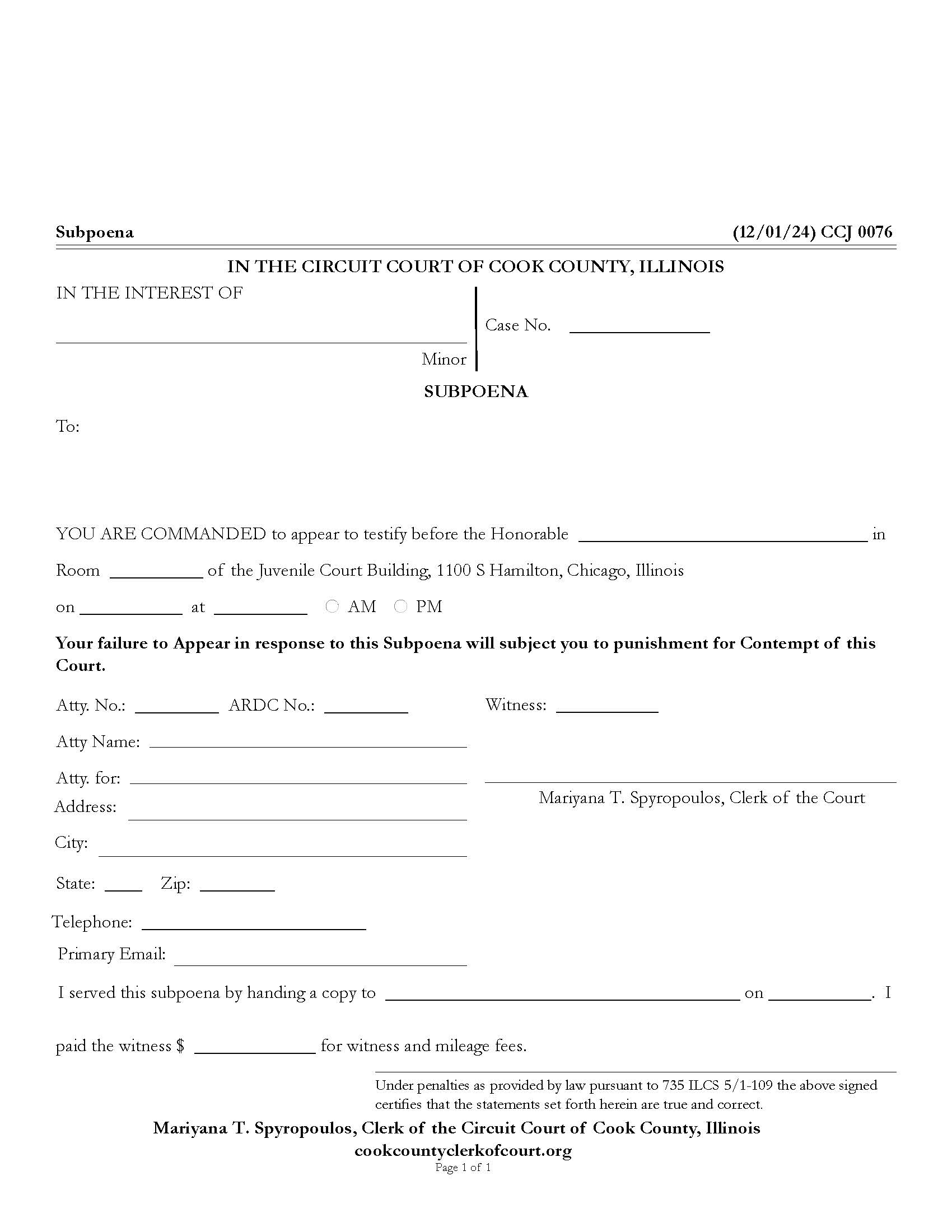 Subpoena {CCJ 0076} | Pdf Fpdf Docx | Illinois