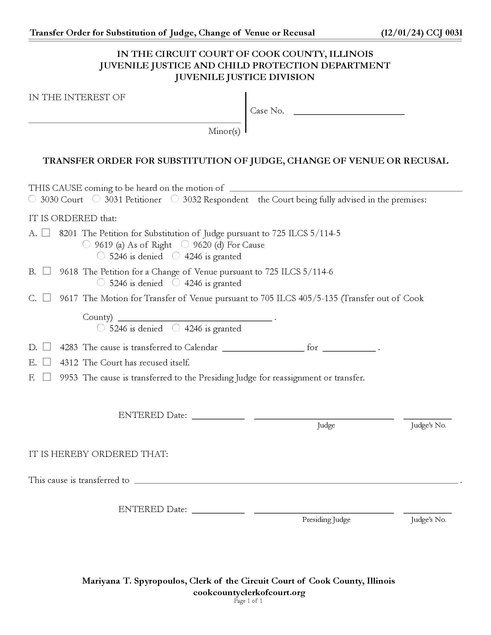 Transfer Order For Substitution Of Judge Change Of Venue Recusal {CCJ 0031} | Pdf Fpdf Docx | Illinois
