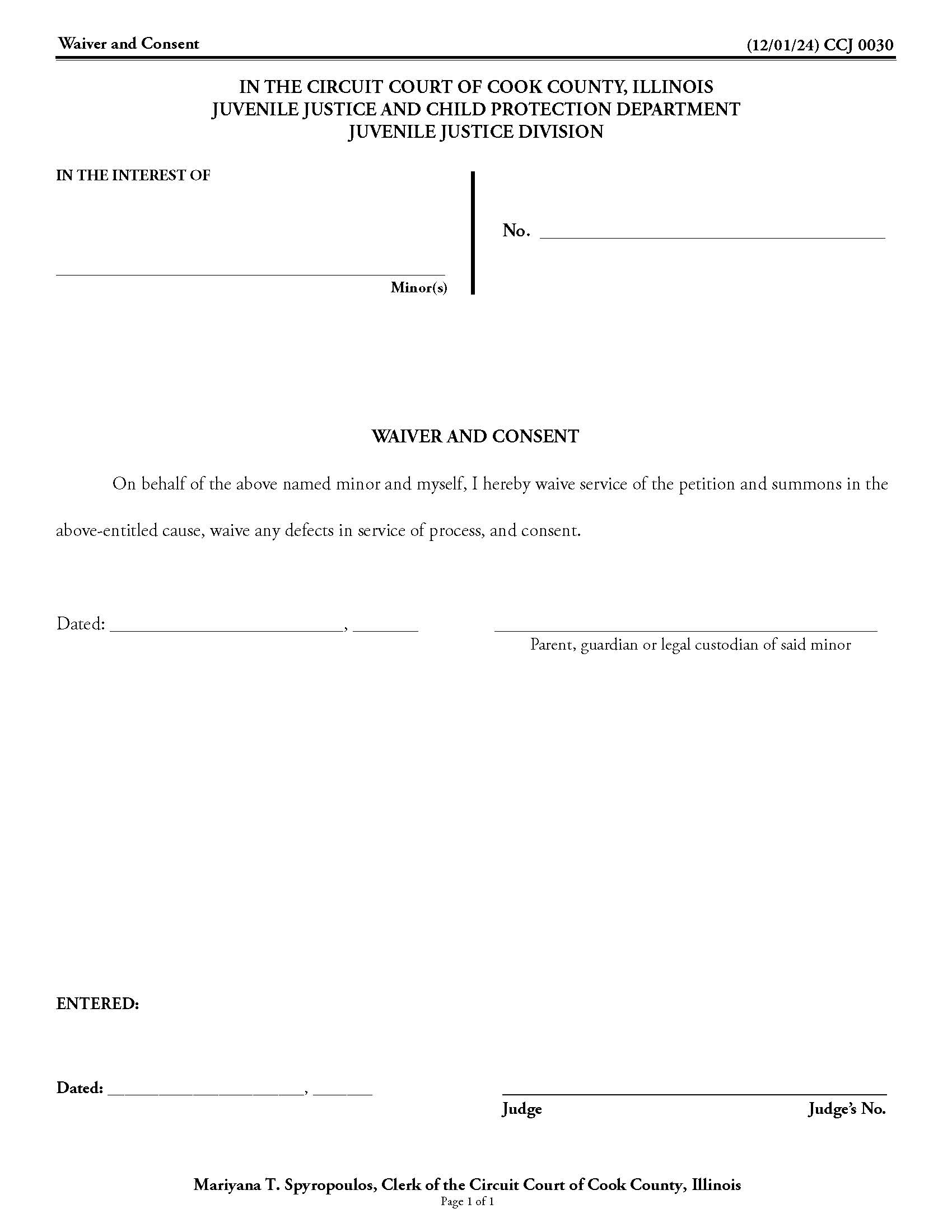 Waiver And Consent {CCJ 0030} | Pdf Fpdf Doc Docx | Illinois