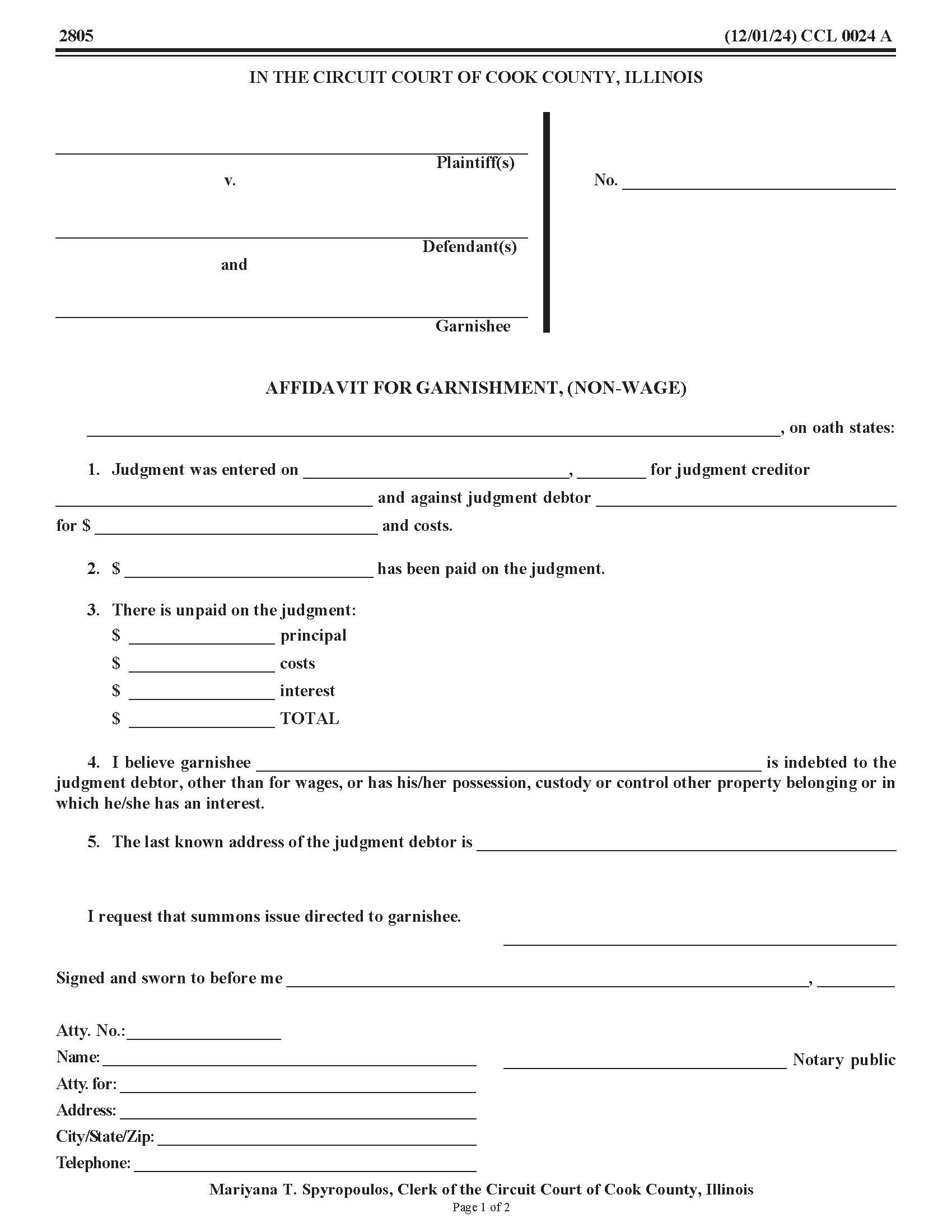 Affidavit For Garnishment (Non-Wage) {CCL 0024} | Pdf Fpdf Docx | Illinois