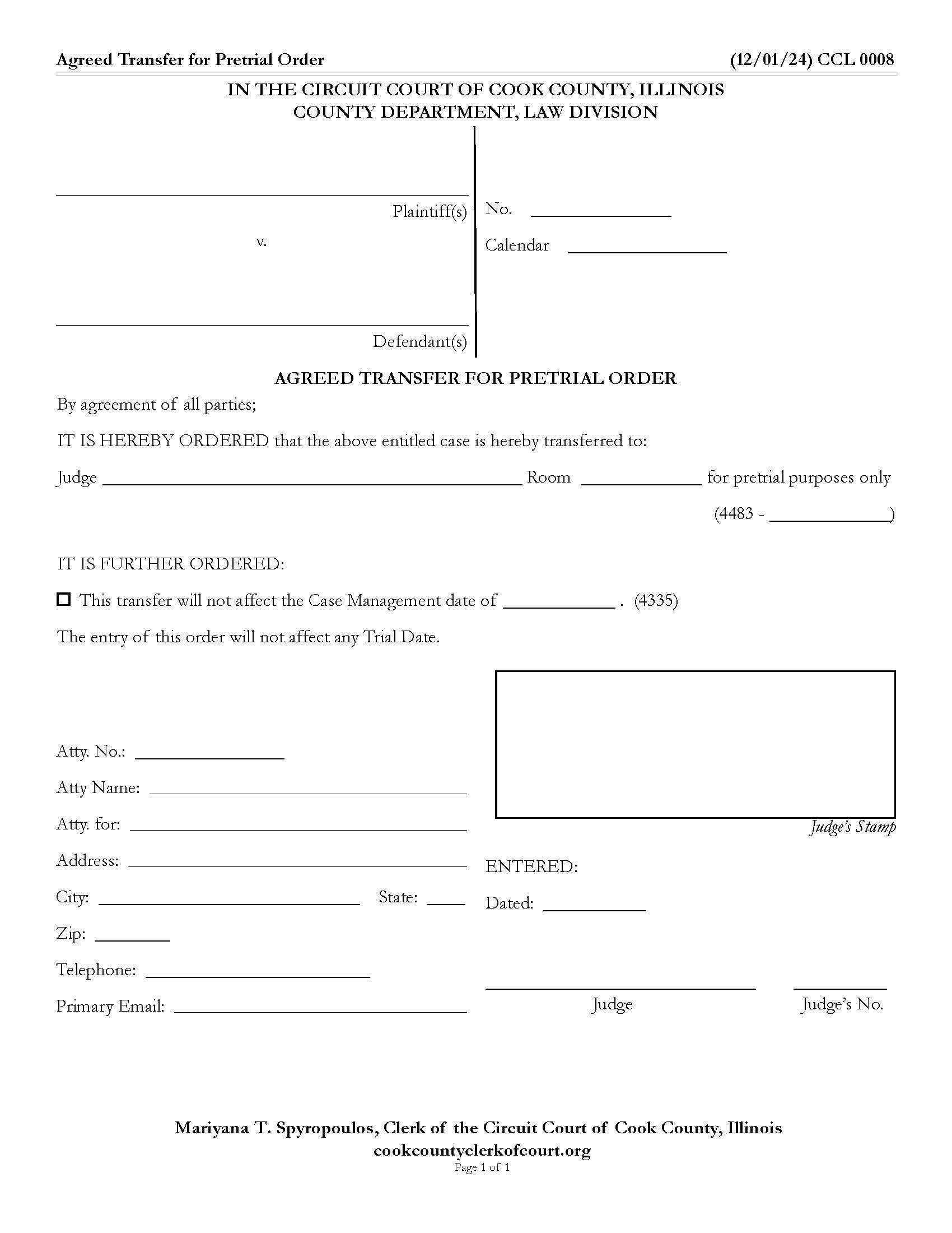Agreed Transfer For Pretrial Order {CCL 0008} | Pdf Fpdf Docx | Illinois