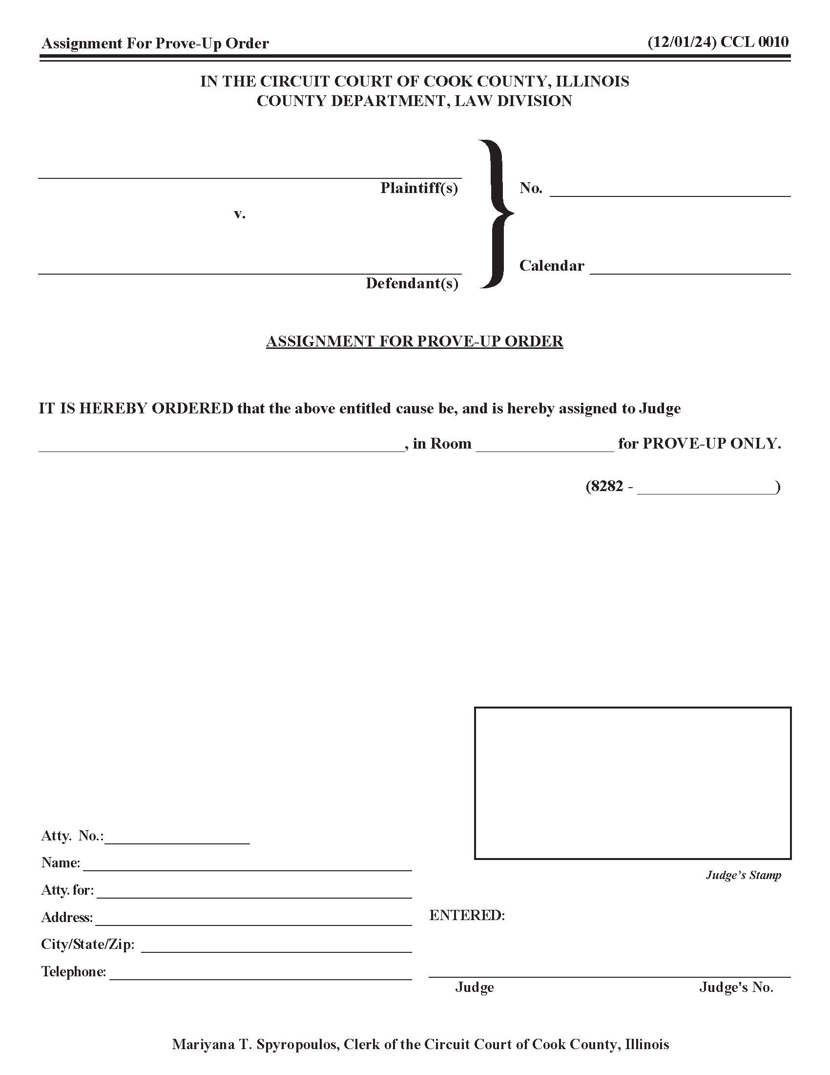 Assignment For Prove-Up Order {CCL 0010} | Pdf Fpdf Doc Docx | Illinois