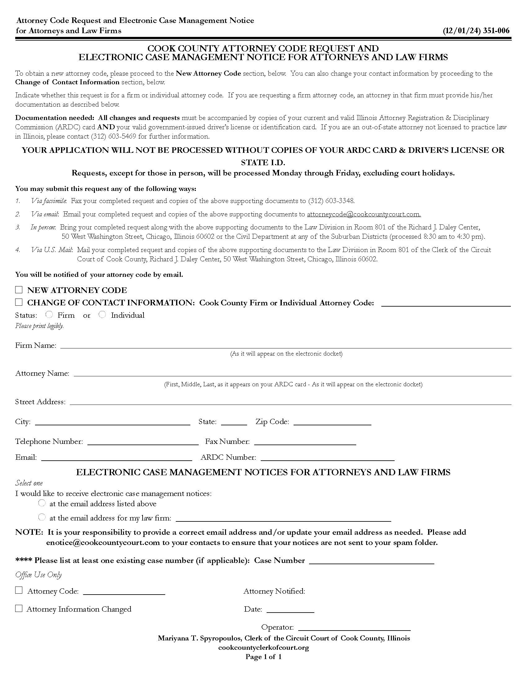 Attorney Code Request And Notification Re ECM Notice For Attorneys {351-006} | Pdf Fpdf Docx | Illinois