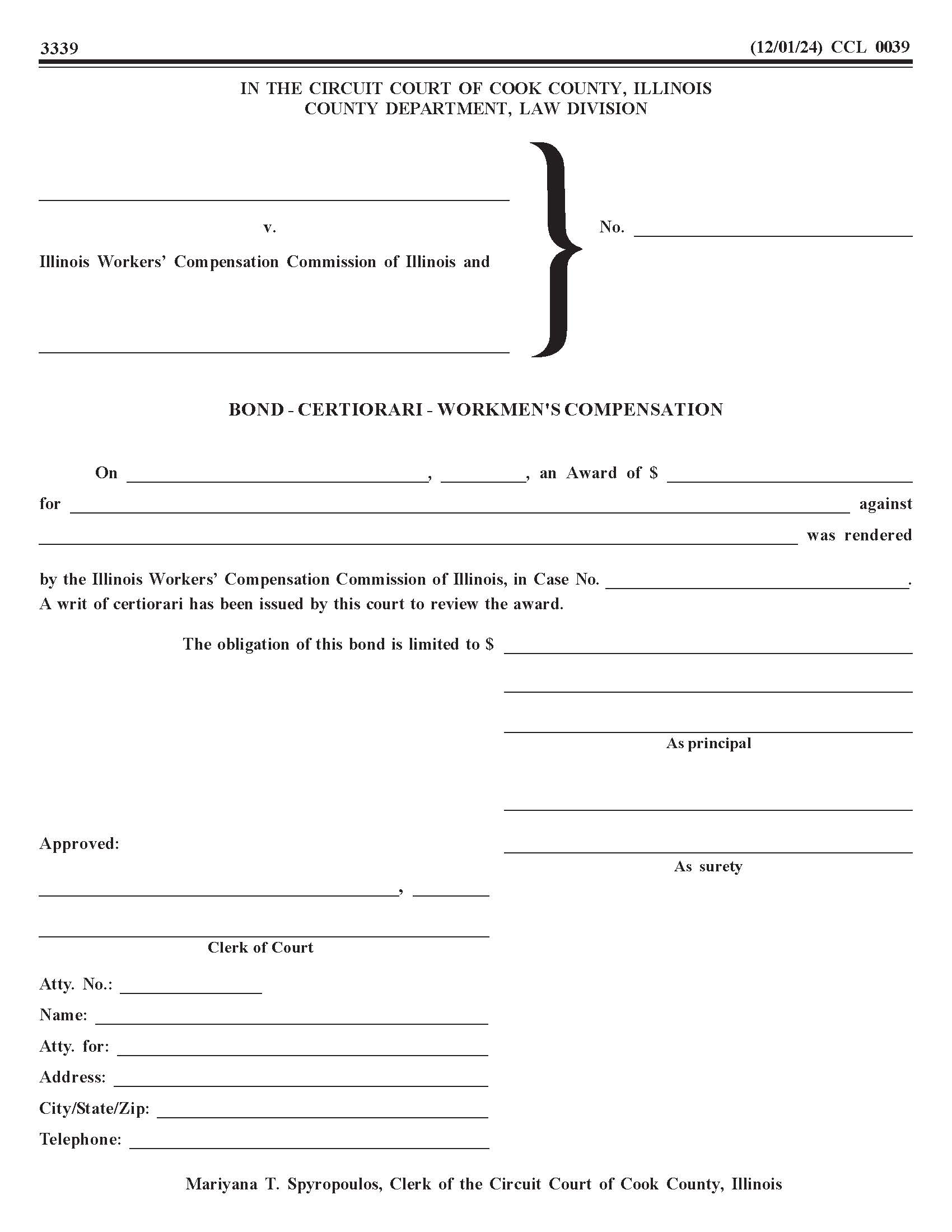 Bond - Certiorari - Workmens Compensation {CCL 0039} | Pdf Fpdf Docx | Illinois
