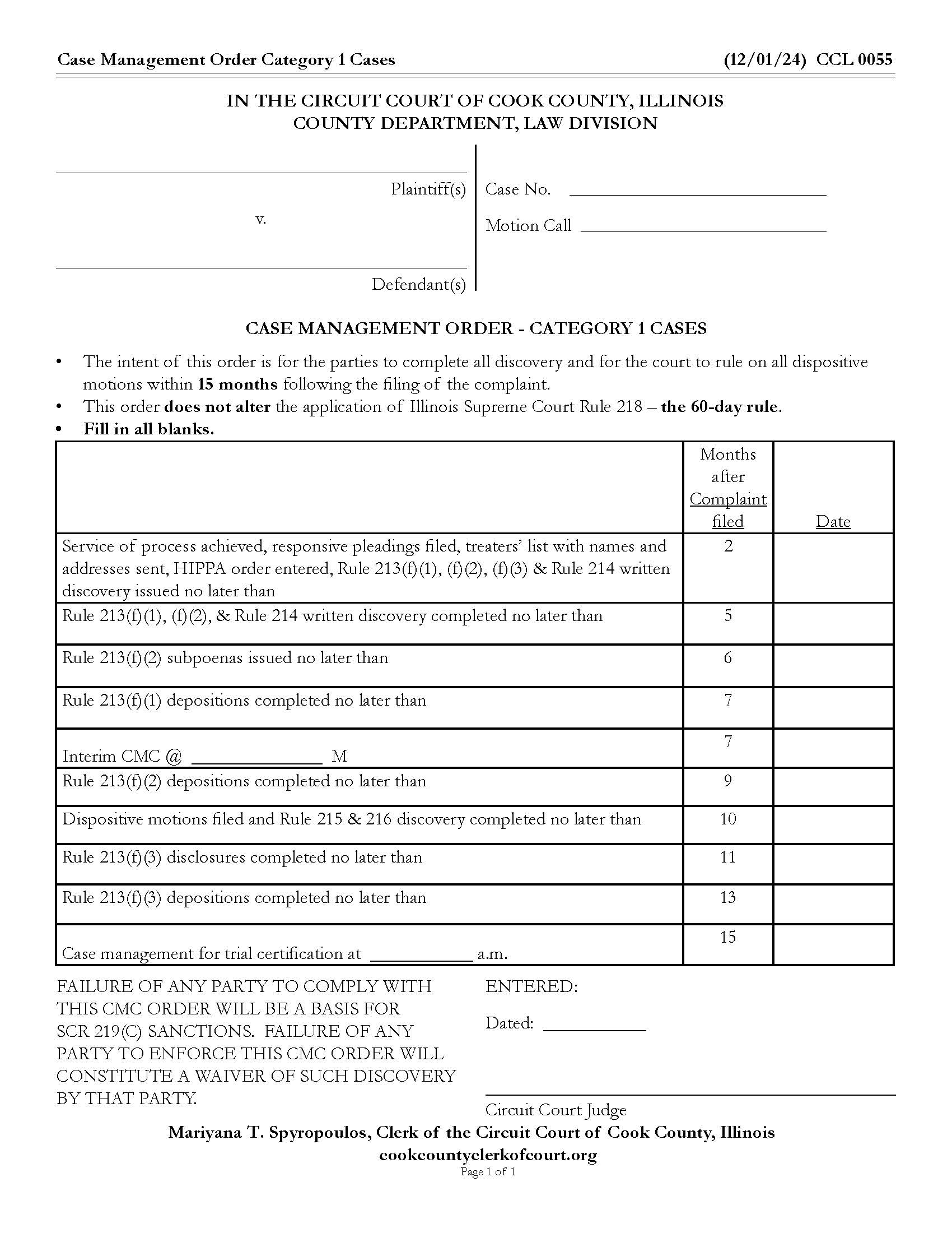 Case Management Order - Category 1 Cases {CCL 0055} | Pdf Fpdf Docx | Illinois