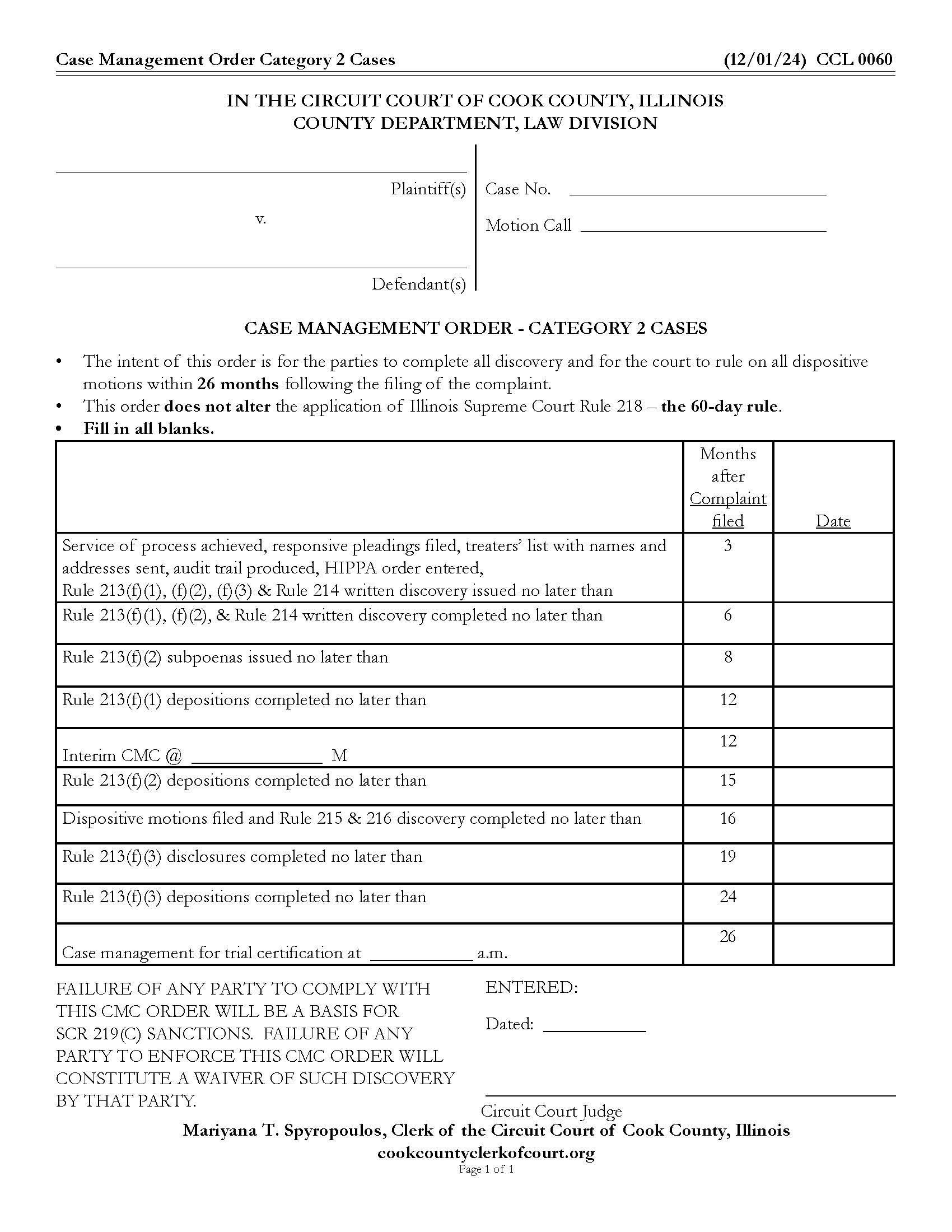 Case Management Order - Category 2 Cases {CCL 0060} | Pdf Fpdf Docx | Illinois