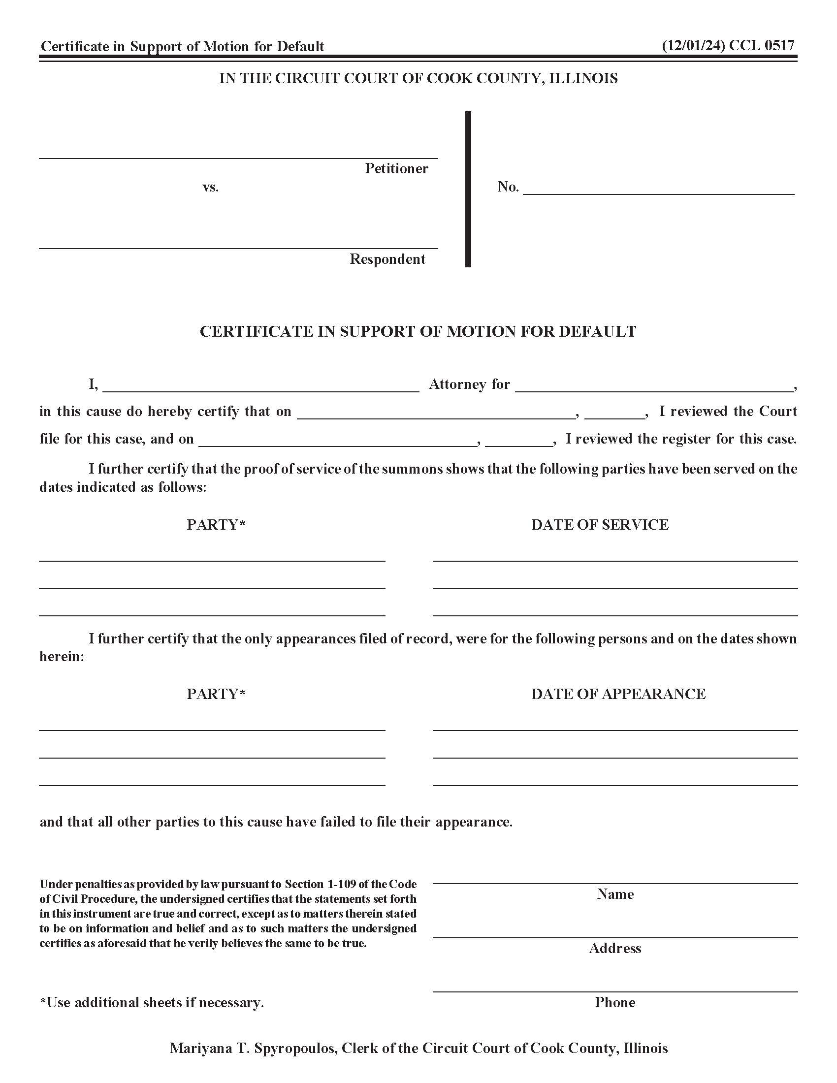 Certificate In Support Of Default {CCL 0517} | Pdf Fpdf Docx | Illinois