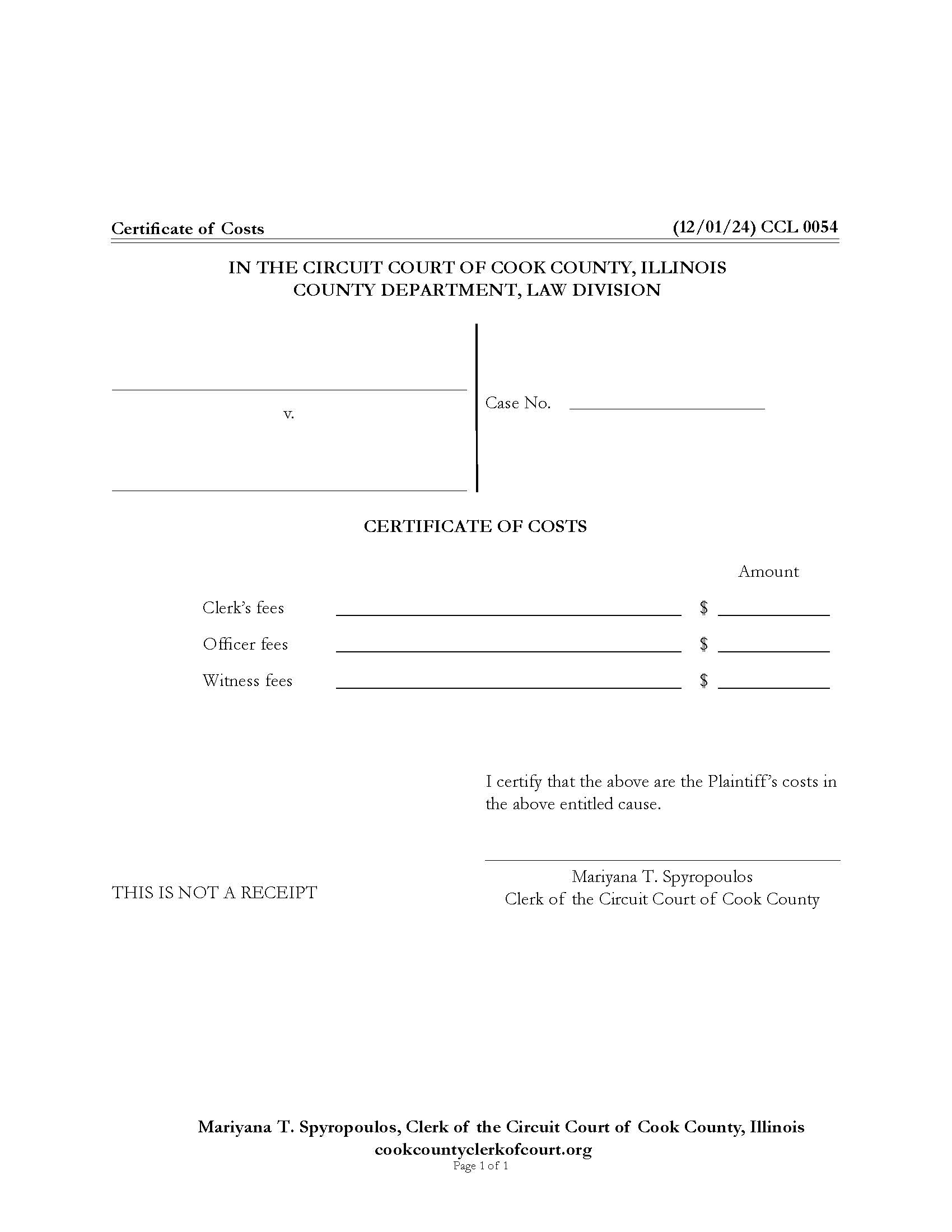 Certificate Of Costs {CCL 0054} | Pdf Fpdf Docx | Illinois