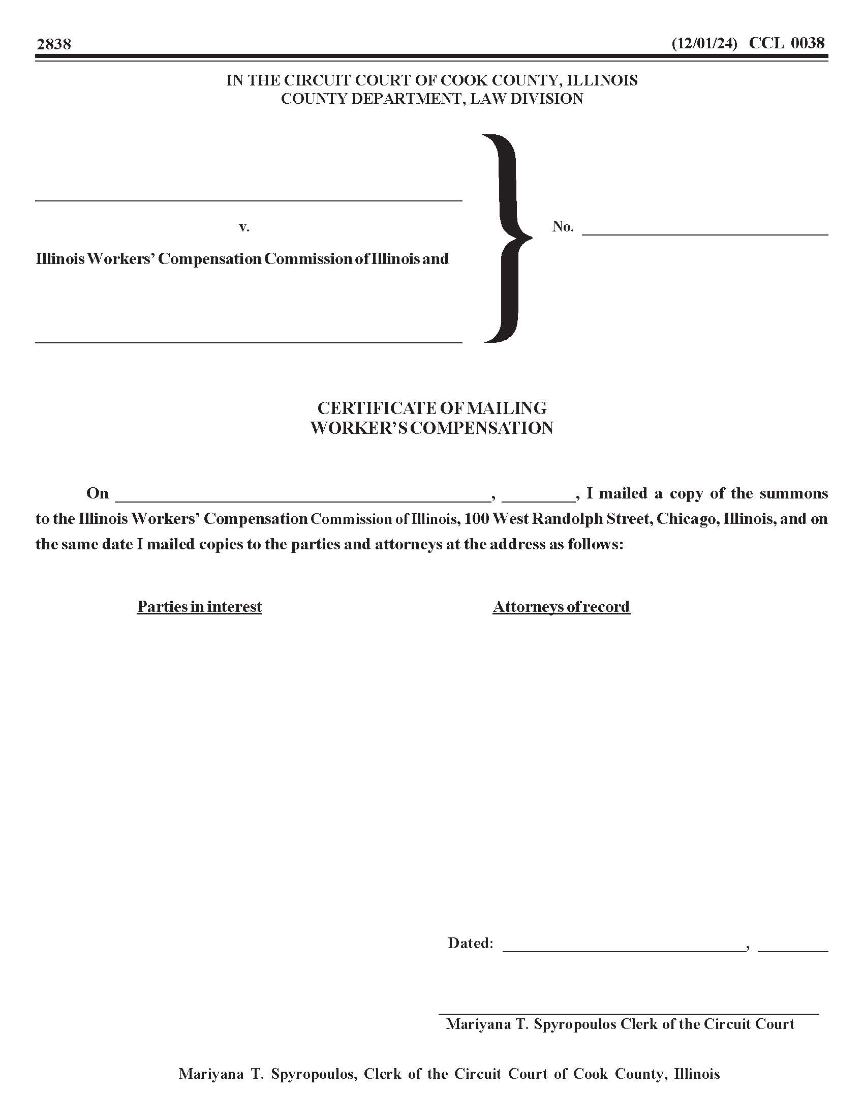 Certificate Of Mailing Workers Compensation {CCL 0038} | Pdf Fpdf Docx | Illinois