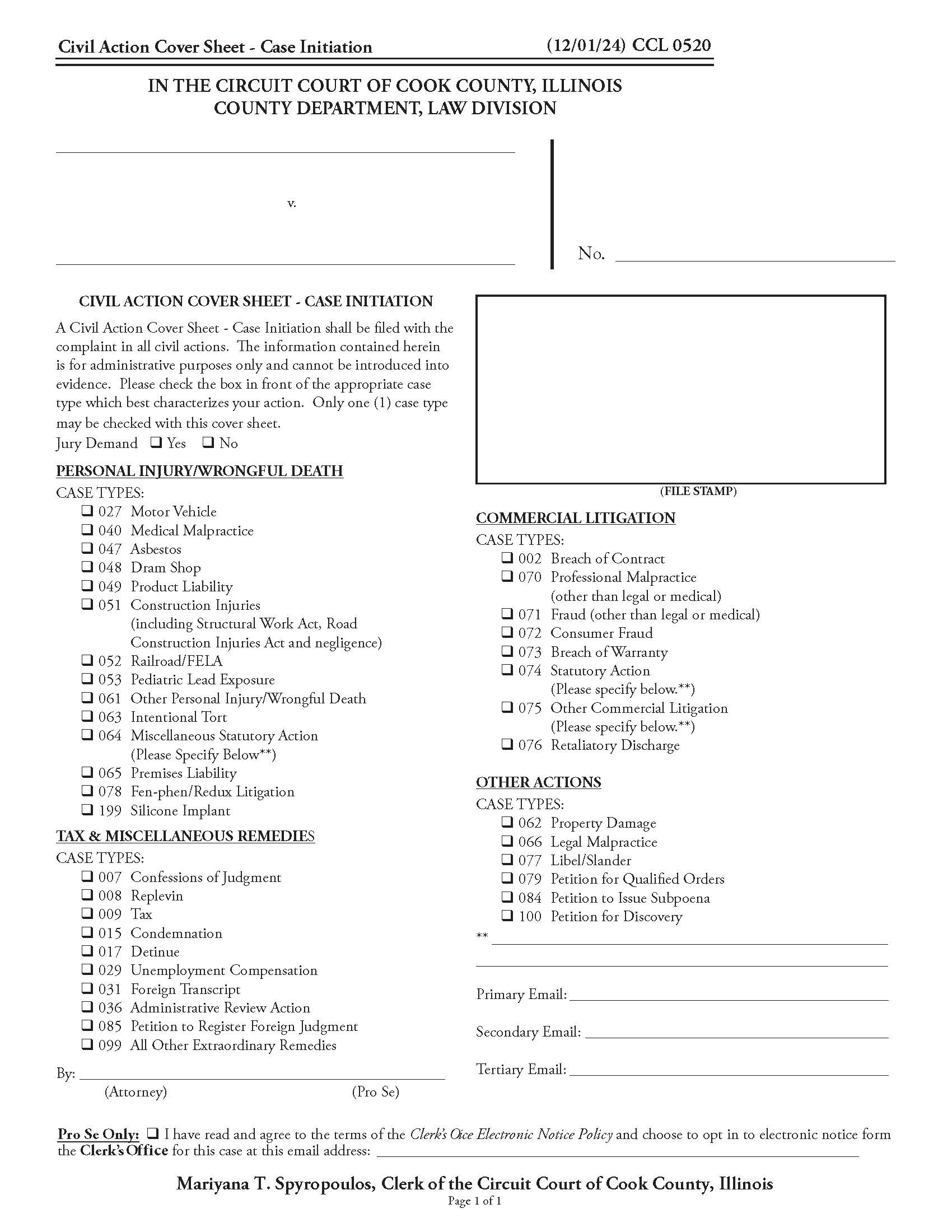 Civil Action Cover Sheet - Case Initiation {CCL 0520} | Pdf Fpdf Doc Docx | Illinois
