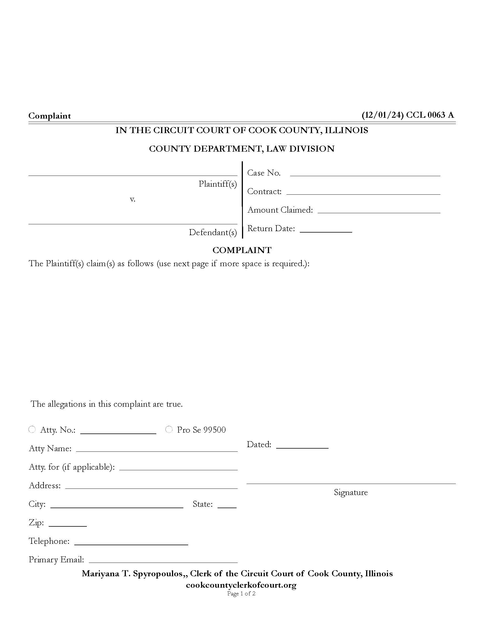Complaint (Blank) {CCL 0063} | Pdf Fpdf Docx | Illinois