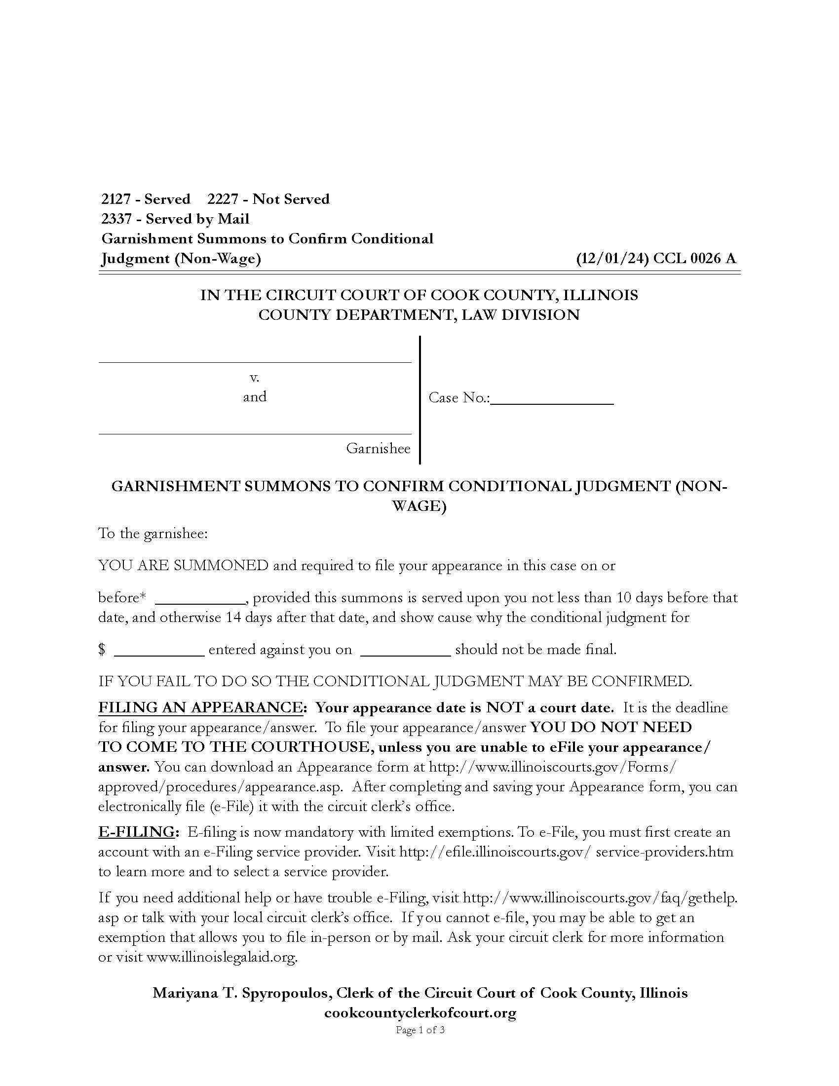 Garnishment Summons To Confirm Conditional Judgment (Non-Wage) {CCL 0026} | Pdf Fpdf Docx | Illinois