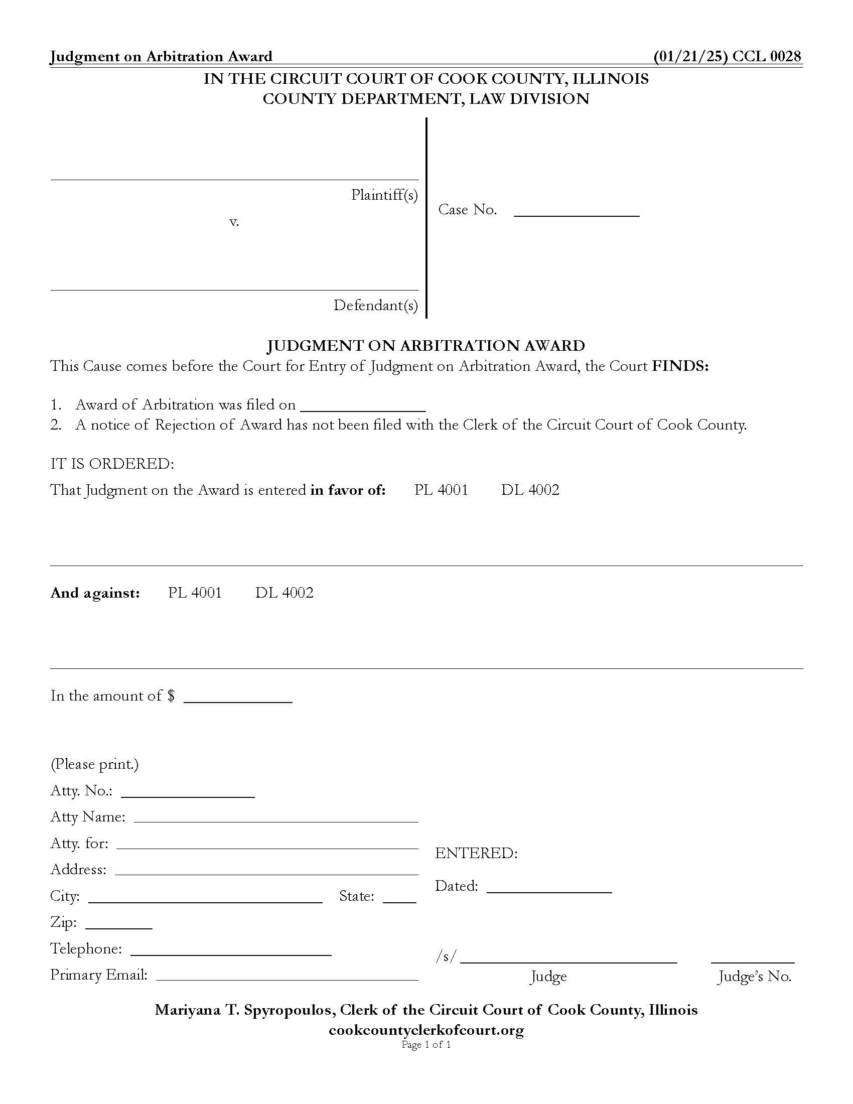 Judgment On Arbitration Award {CCL 0028} | Pdf Fpdf Docx | Illinois