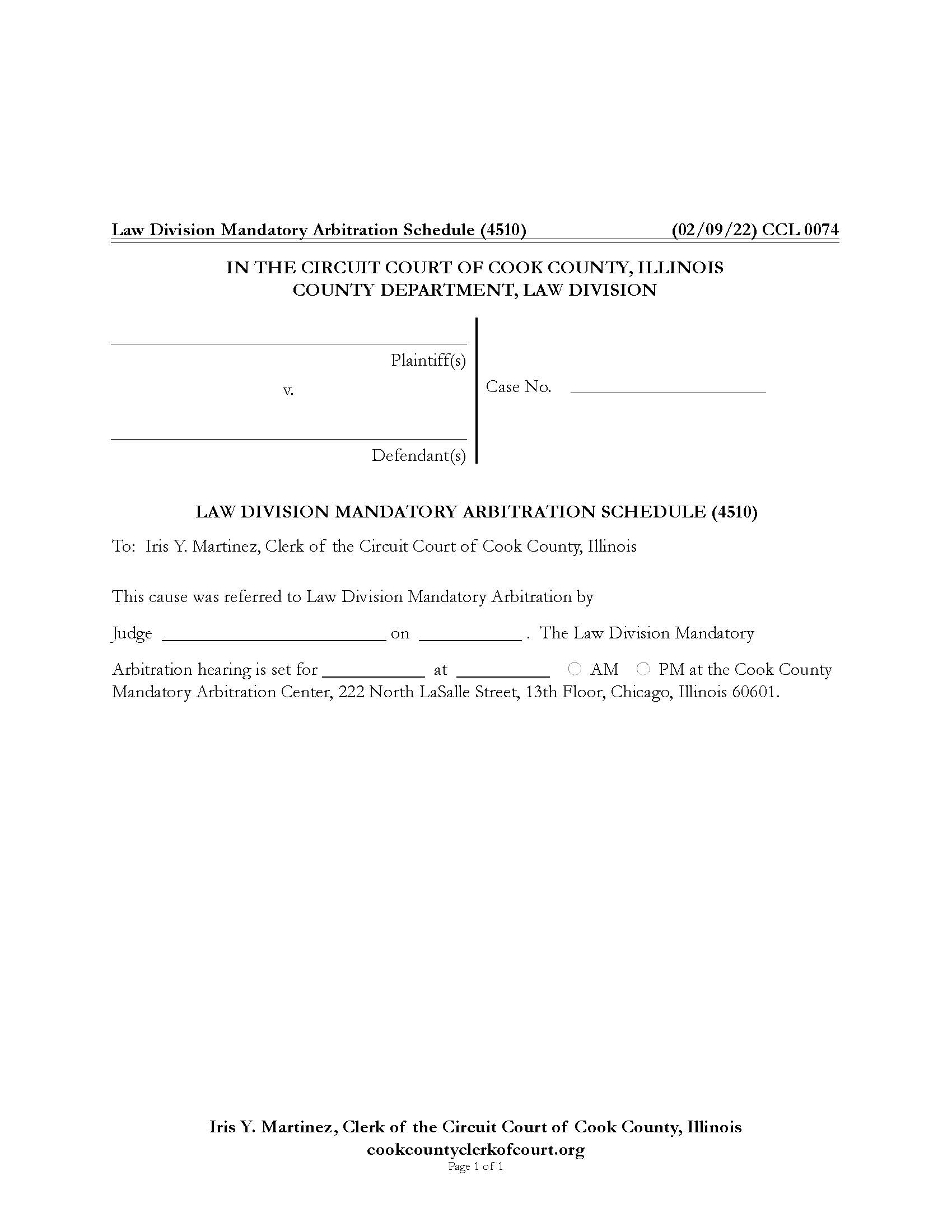 Law Division Mandatory Arbitration Schedule {CCL 0074} | Pdf Fpdf Docx | Illinois