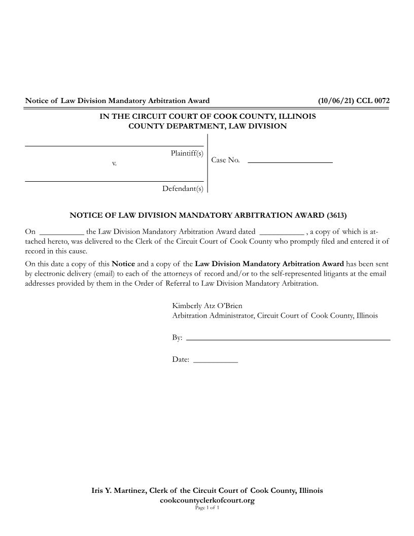 Notice Of Law Division Mandatory Arbitration Award {CCL 0072} | Pdf Fpdf Docx | Illinois