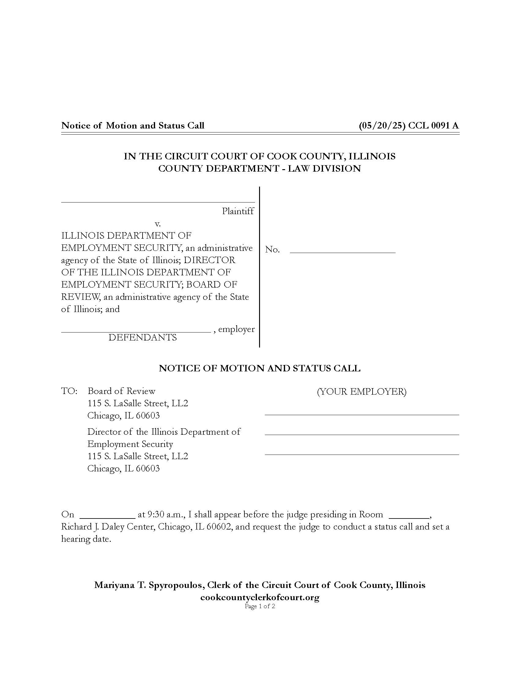 Notice Of Motion And Status Call {CCL 0091} | Pdf Fpdf Doc Docx | Illinois