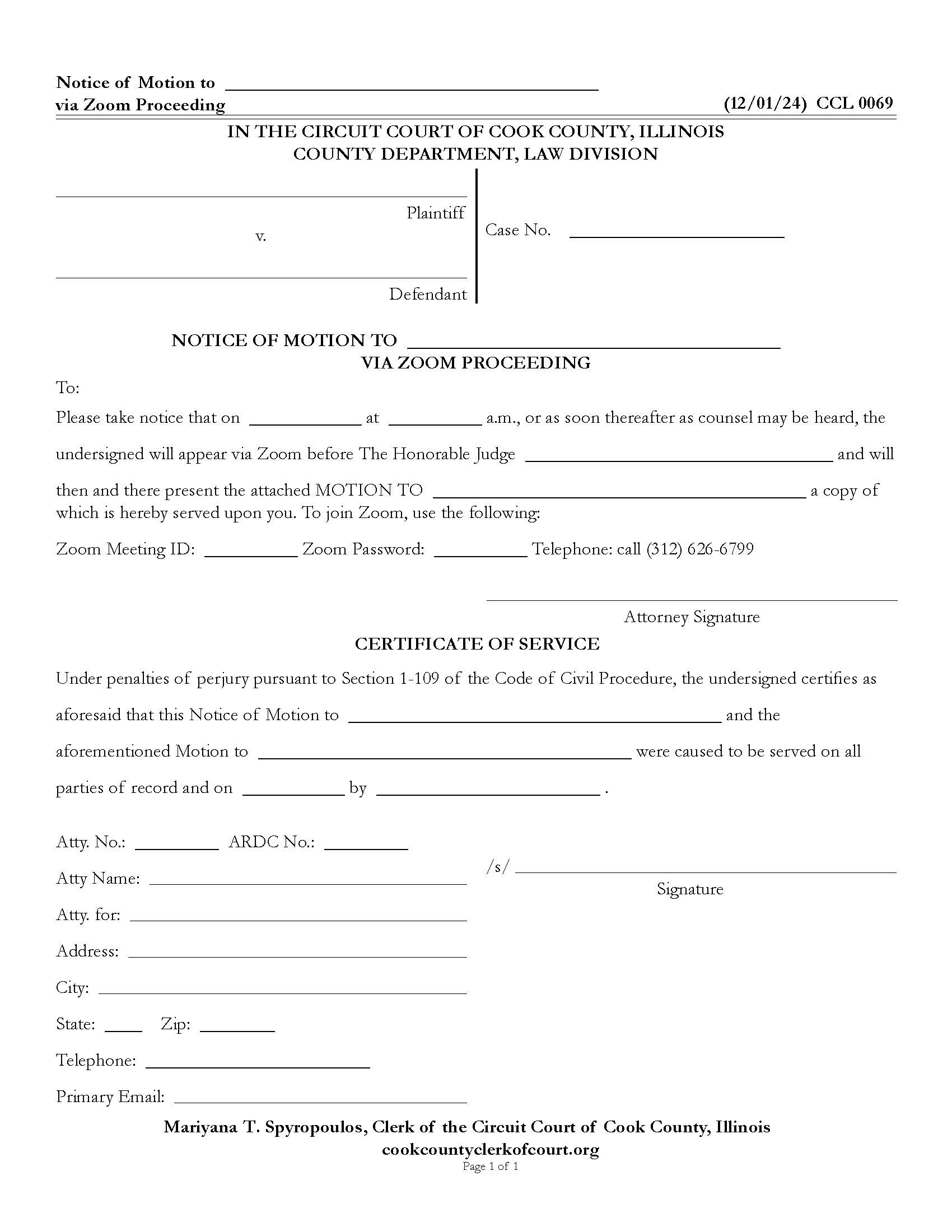 Notice Of Motion Via Zoom Proceeding {CCL 0069} | Pdf Fpdf Docx | Illinois