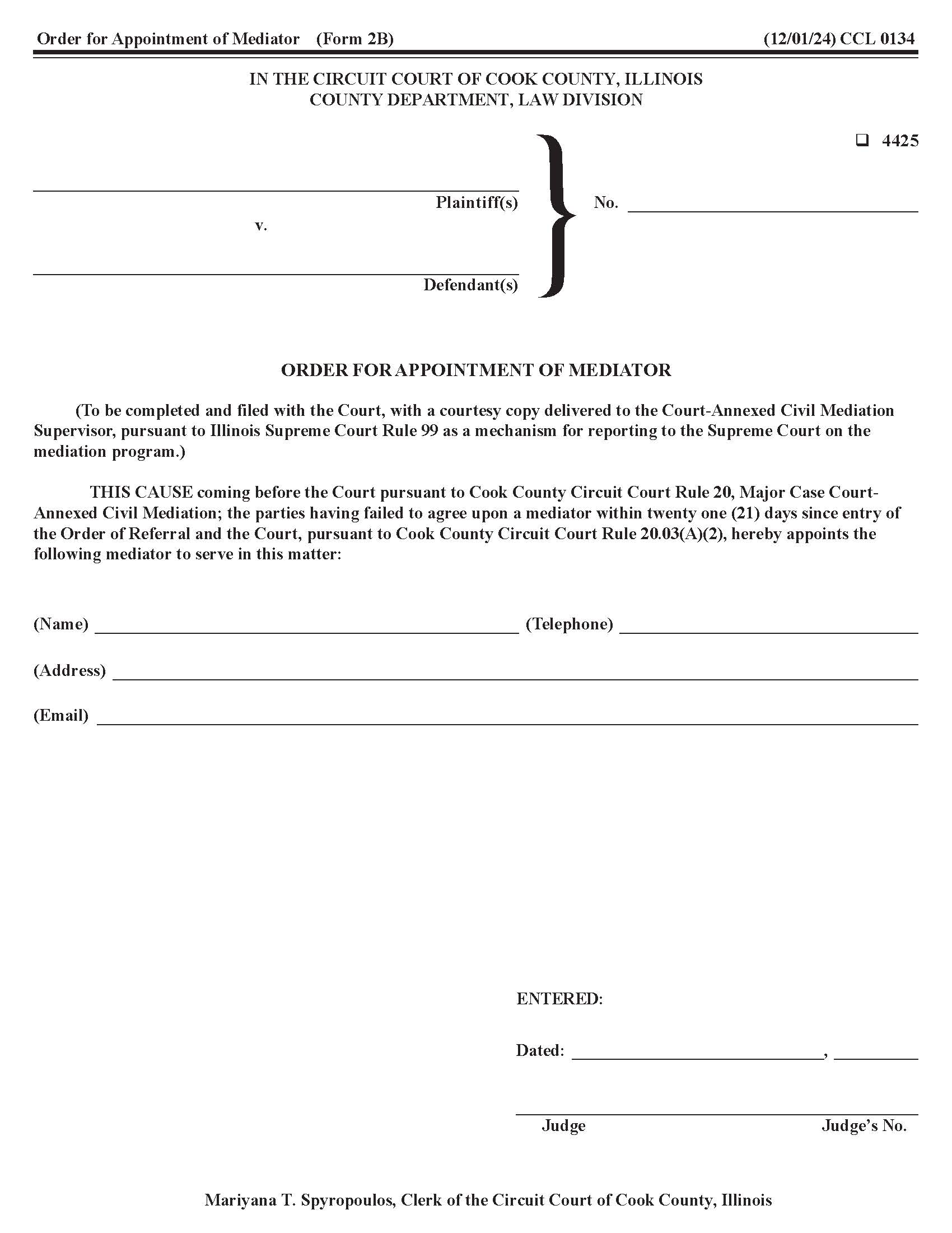 Order For Appointment Of Mediator {CCL 0134} | Pdf Fpdf Doc Docx | Illinois