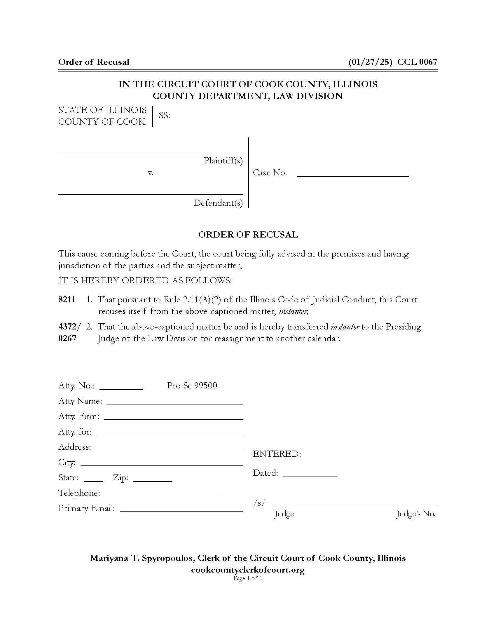Order Of Recusal {CCL 0067} | Pdf Fpdf Docx | Illinois